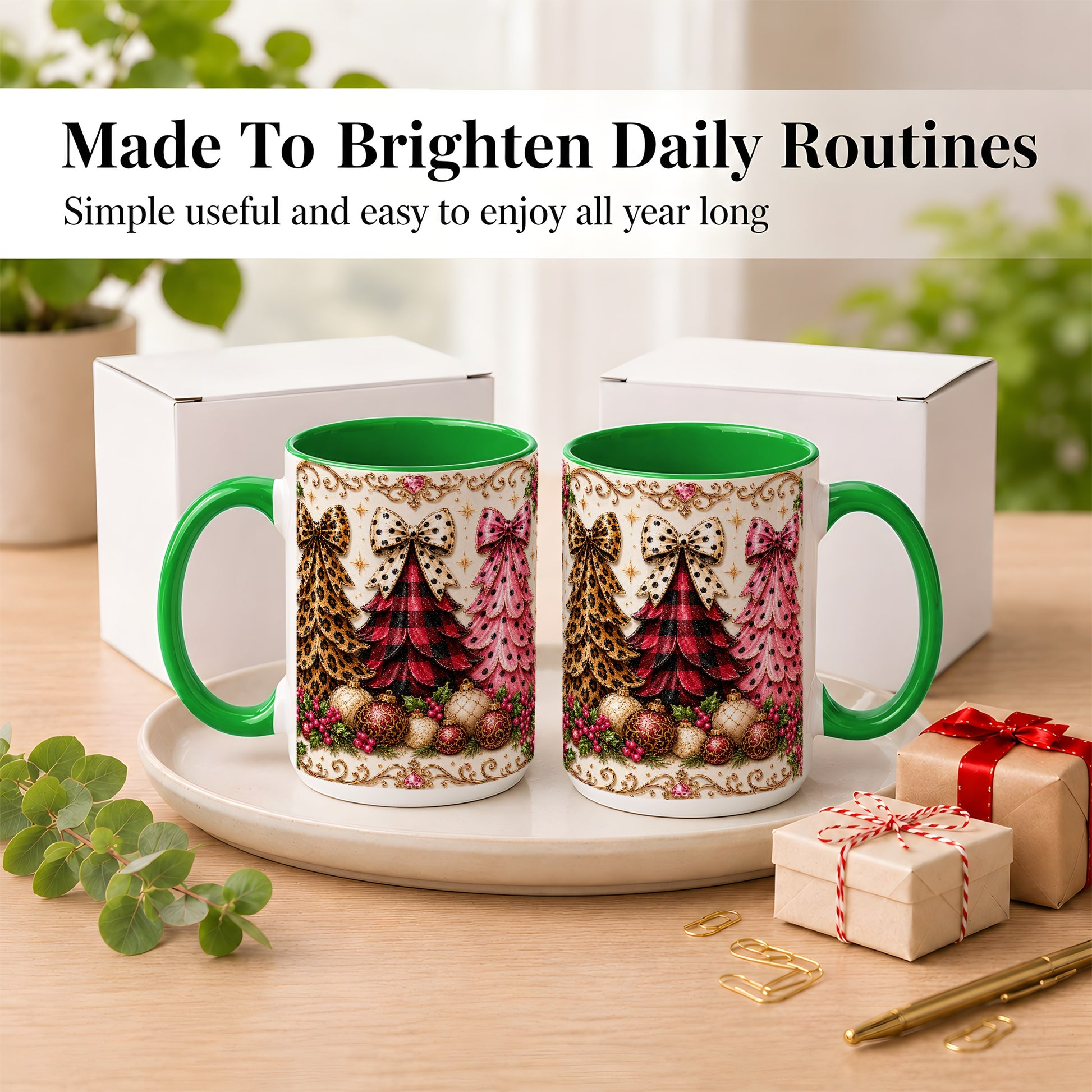 #pl[15oz|Green] Leopard Plaid Christmas Tree Coffee Mug, Holiday Tree Mug, Ceramic Cup