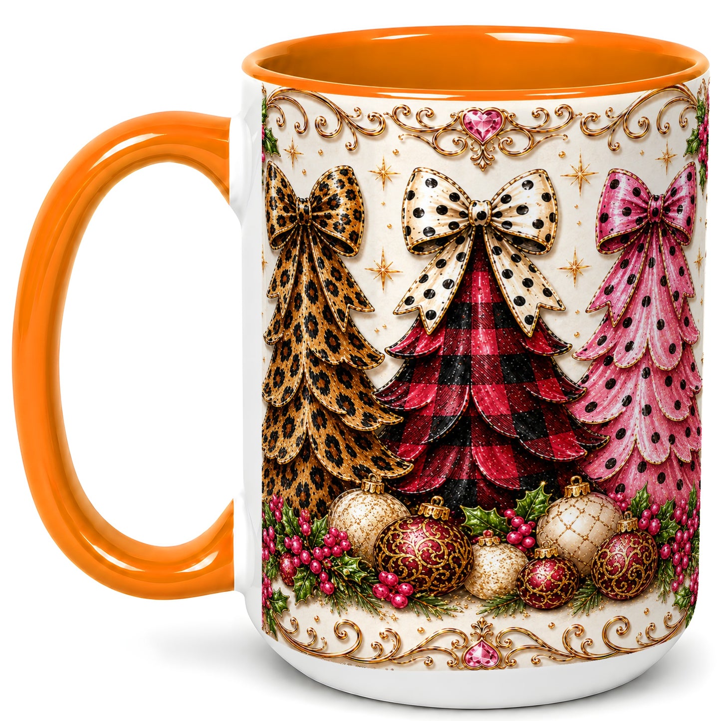 #pl[15oz|Orange] Leopard Plaid Christmas Tree Coffee Mug, Holiday Tree Mug, Ceramic Cup