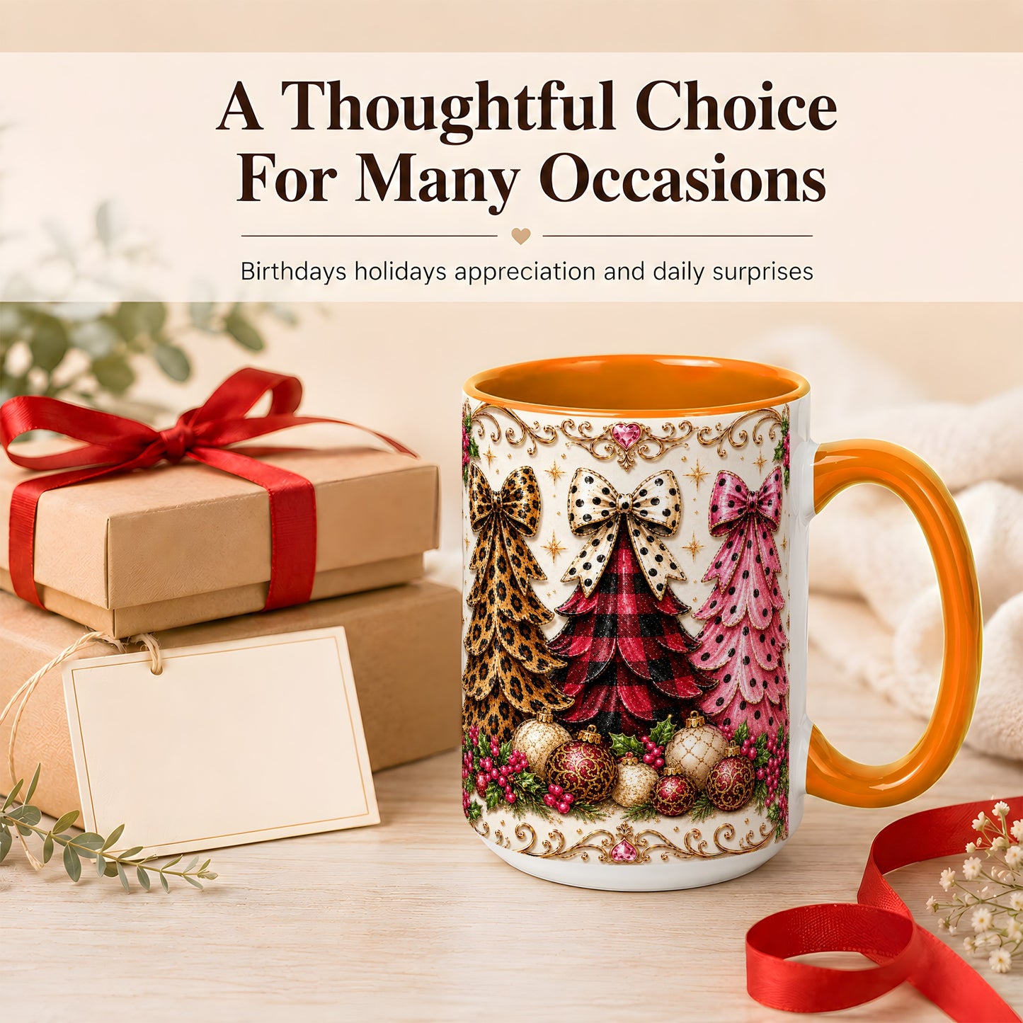 #pl[15oz|Orange] Leopard Plaid Christmas Tree Coffee Mug, Holiday Tree Mug, Ceramic Cup