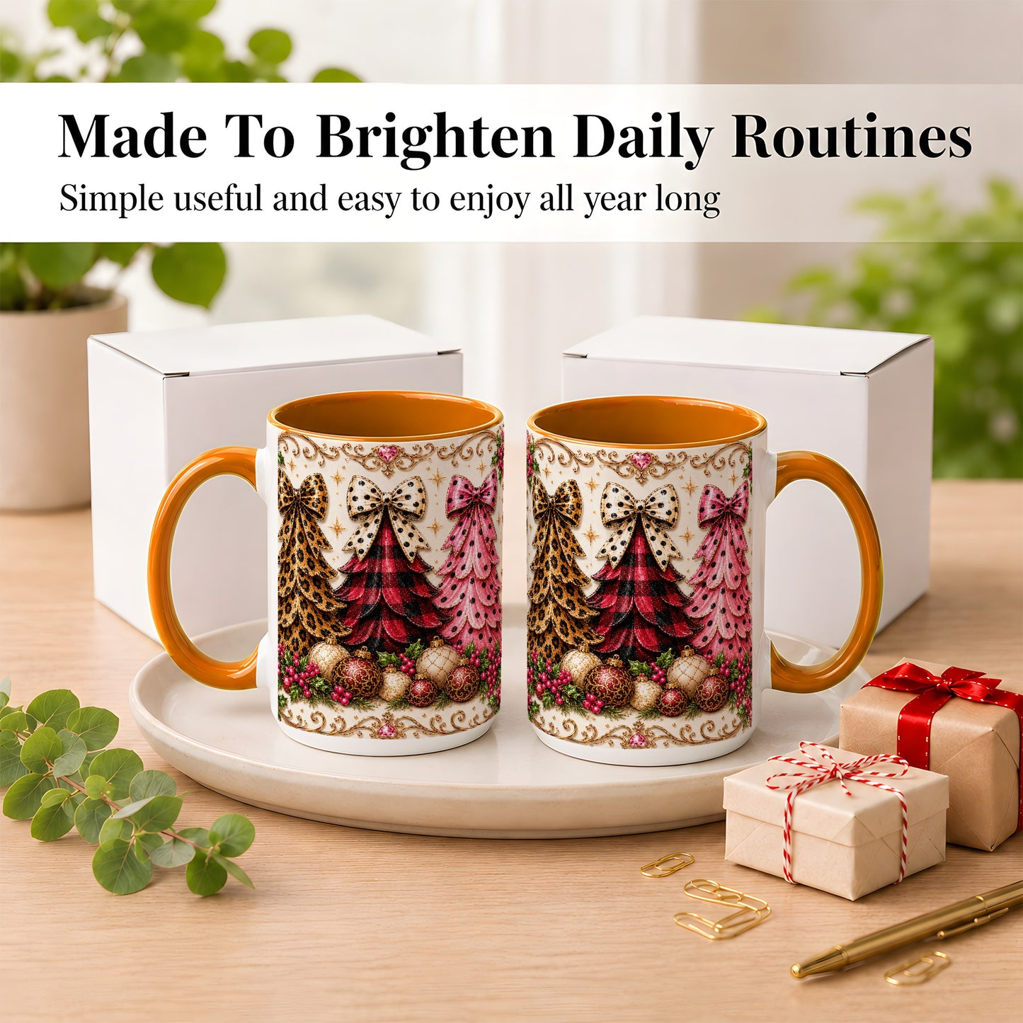 #pl[15oz|Orange] Leopard Plaid Christmas Tree Coffee Mug, Holiday Tree Mug, Ceramic Cup