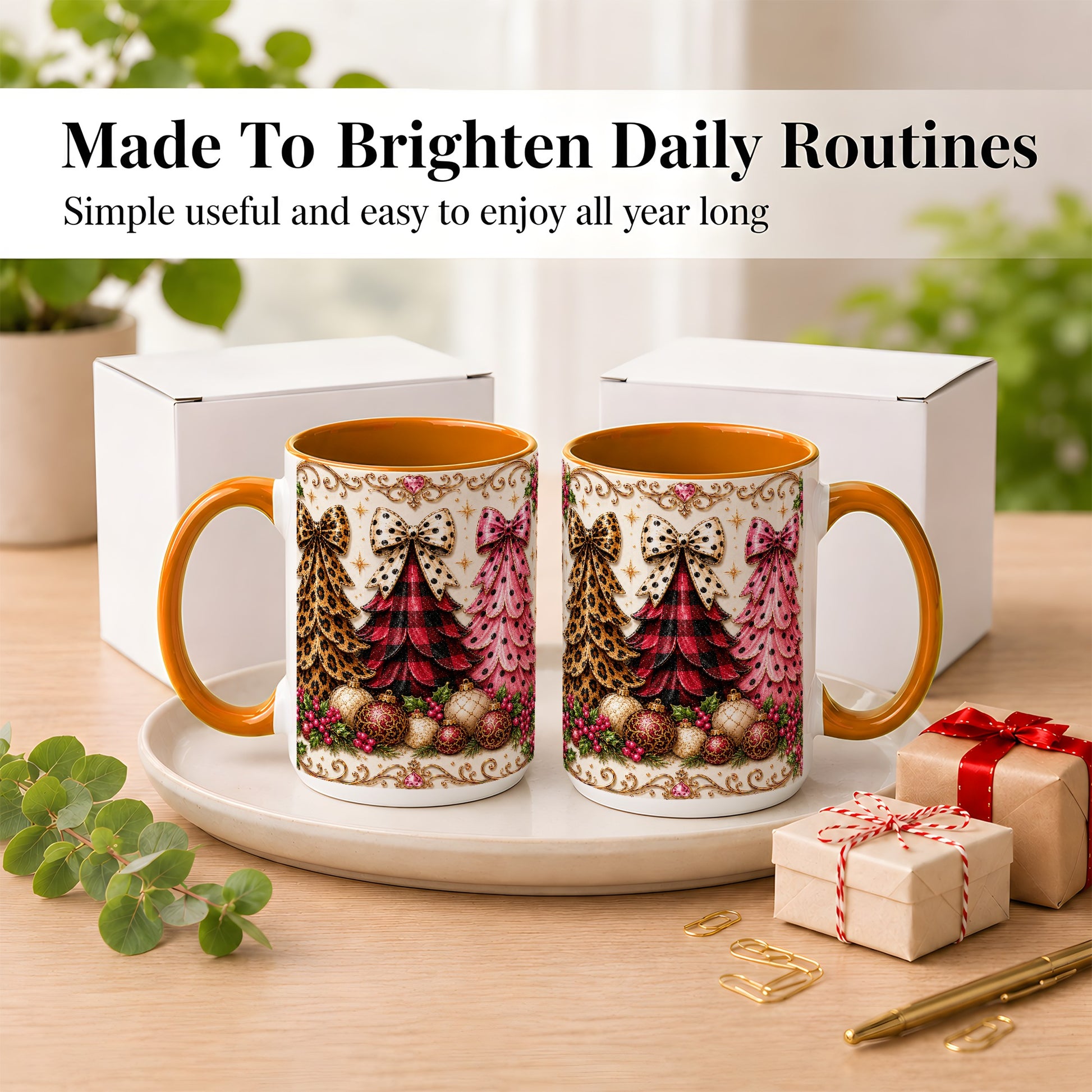 #pl[15oz|Orange] Leopard Plaid Christmas Tree Coffee Mug, Holiday Tree Mug, Ceramic Cup