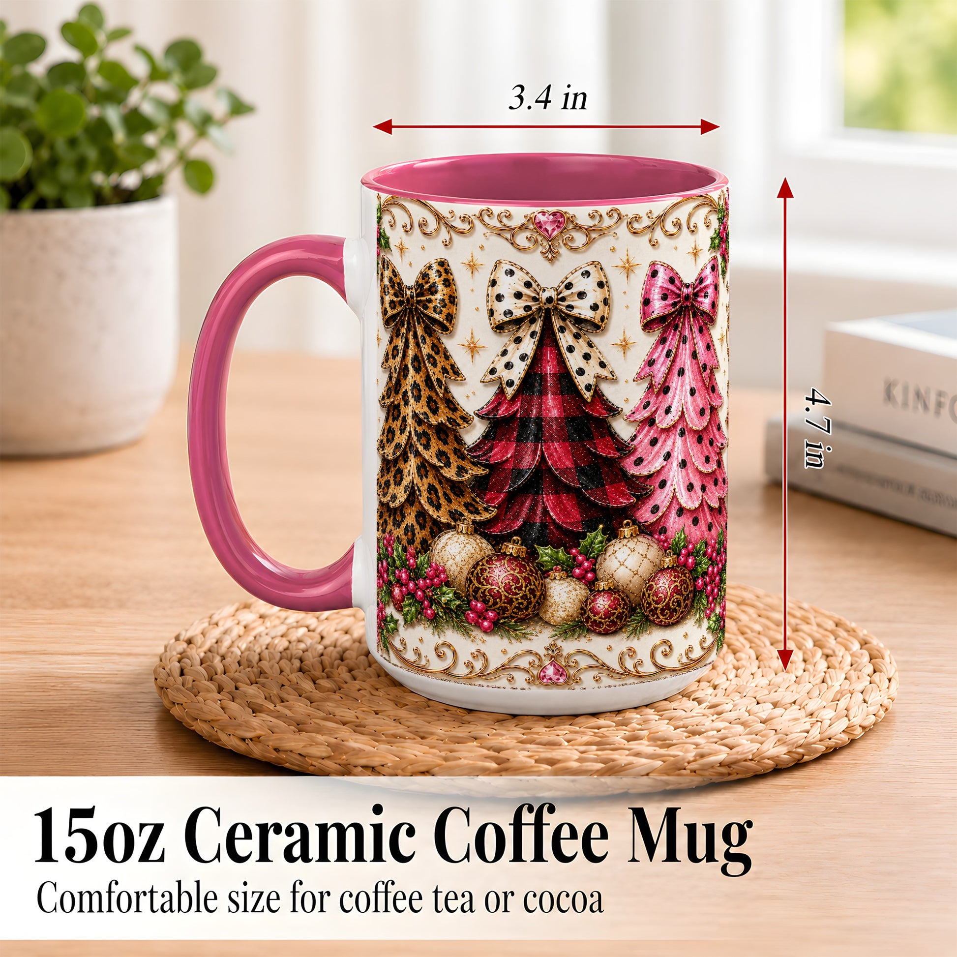 #pl[15oz|Pink] Leopard Plaid Christmas Tree Coffee Mug, Holiday Tree Mug, Ceramic Cup