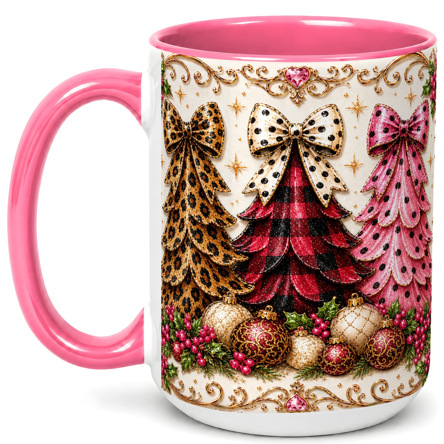 #pl[15oz|Pink] Leopard Plaid Christmas Tree Coffee Mug, Holiday Tree Mug, Ceramic Cup