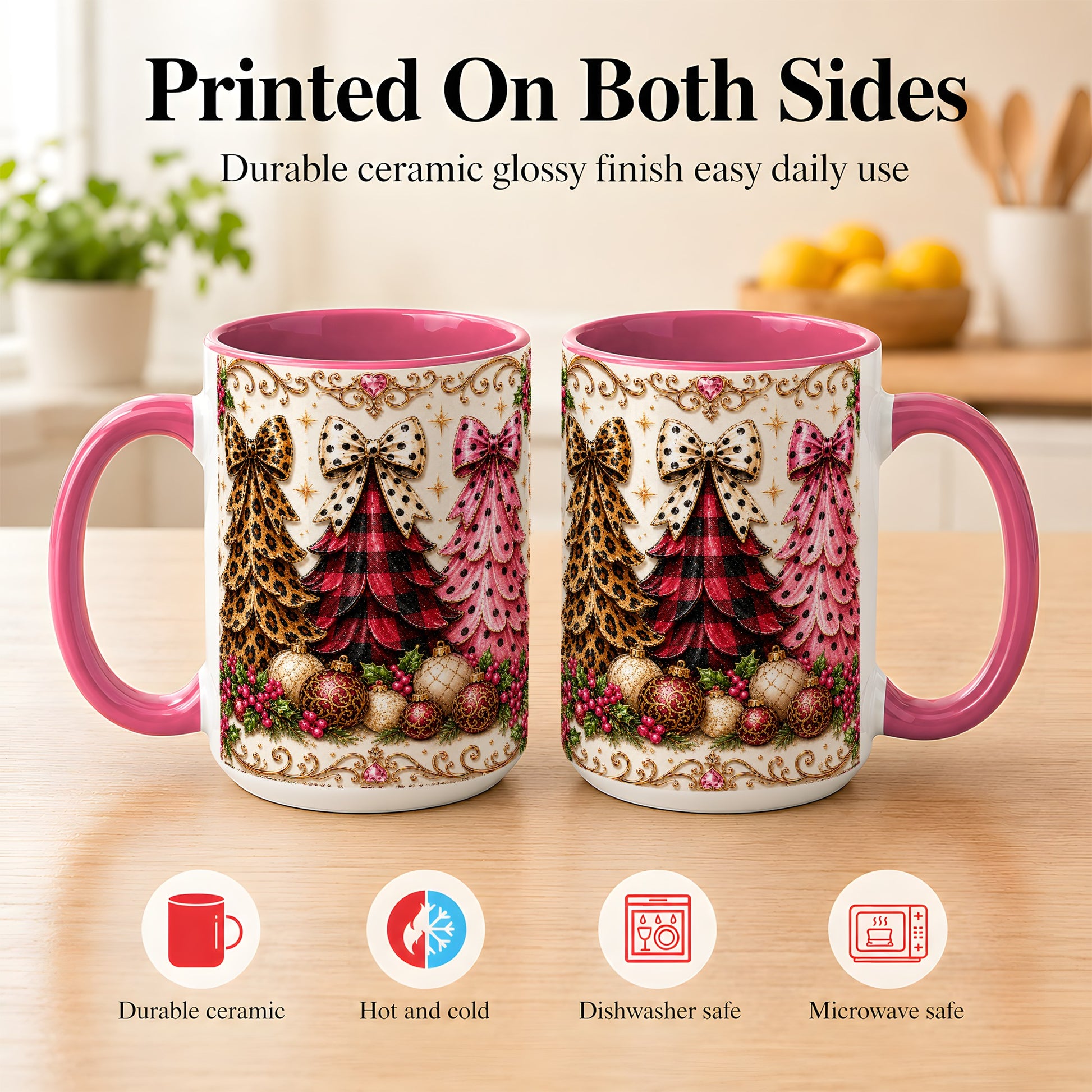 #pl[15oz|Pink] Leopard Plaid Christmas Tree Coffee Mug, Holiday Tree Mug, Ceramic Cup