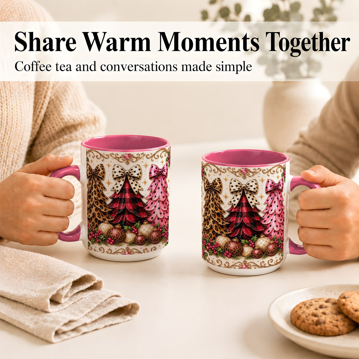 #pl[15oz|Pink] Leopard Plaid Christmas Tree Coffee Mug, Holiday Tree Mug, Ceramic Cup