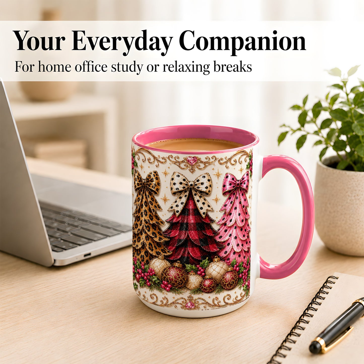 #pl[15oz|Pink] Leopard Plaid Christmas Tree Coffee Mug, Holiday Tree Mug, Ceramic Cup