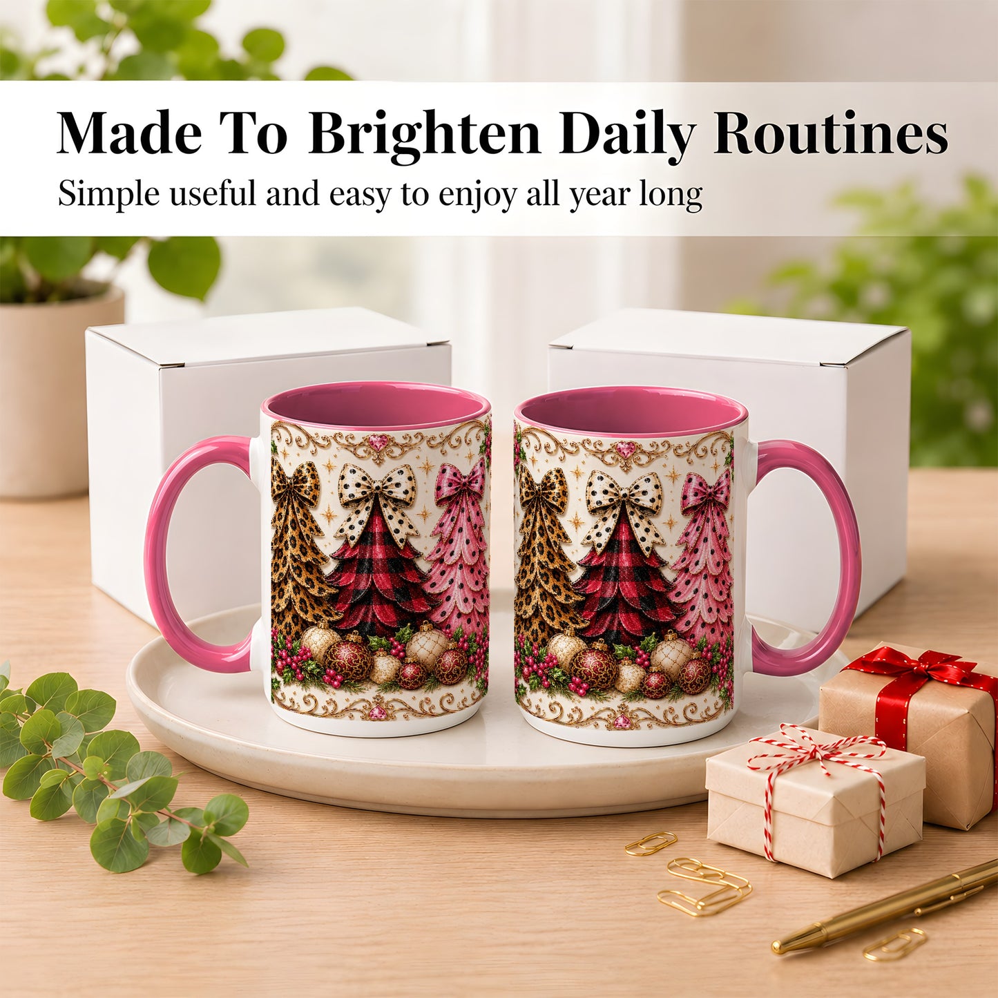 #pl[15oz|Pink] Leopard Plaid Christmas Tree Coffee Mug, Holiday Tree Mug, Ceramic Cup