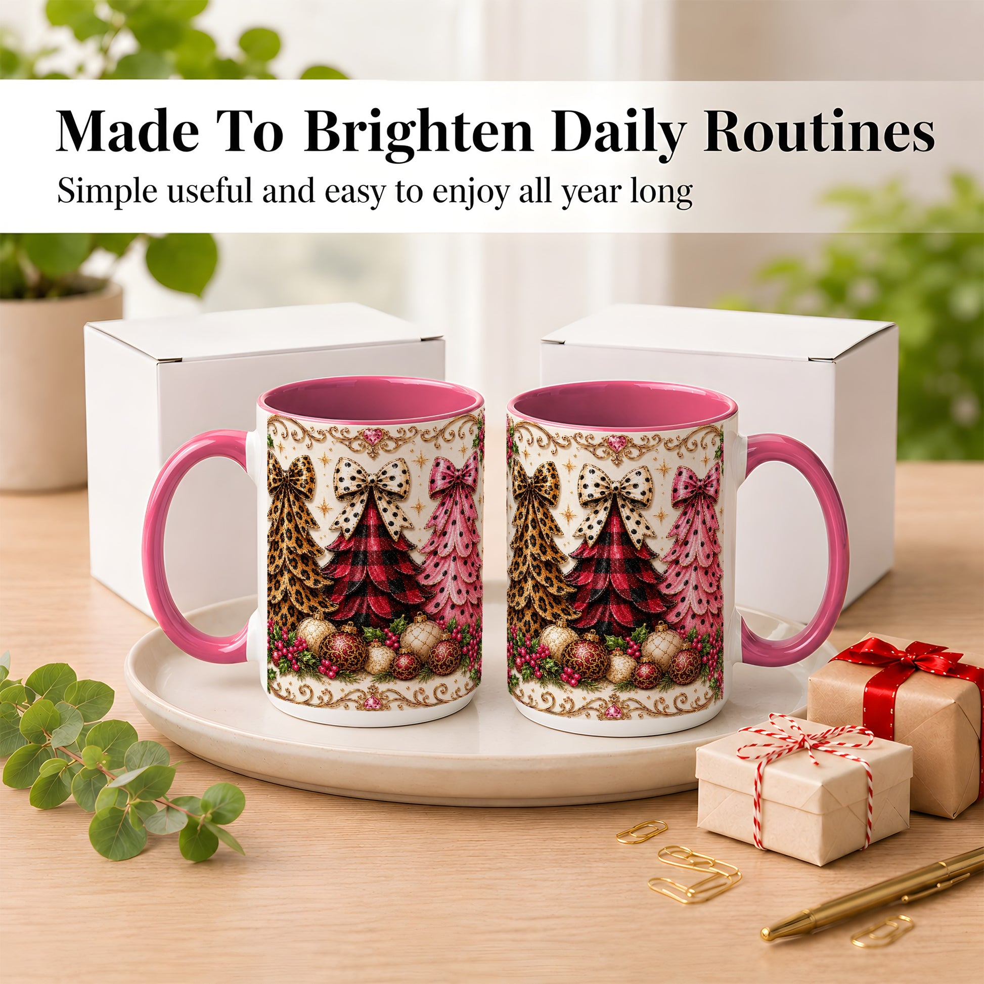 #pl[15oz|Pink] Leopard Plaid Christmas Tree Coffee Mug, Holiday Tree Mug, Ceramic Cup