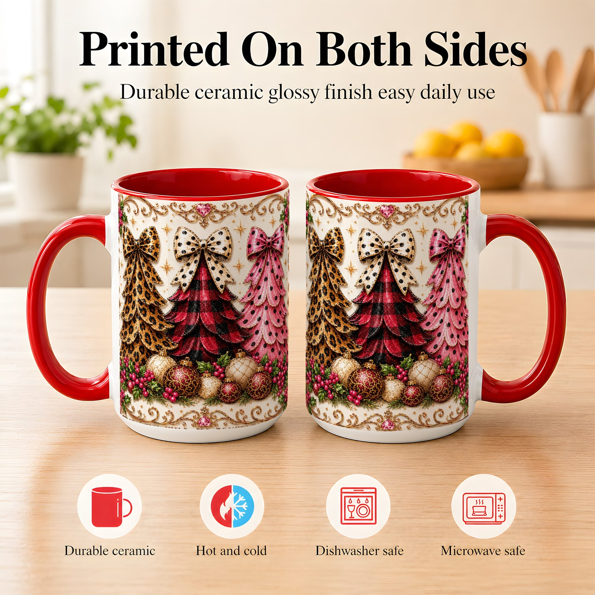 #pl[15oz|Red] Leopard Plaid Christmas Tree Coffee Mug, Holiday Tree Mug, Ceramic Cup