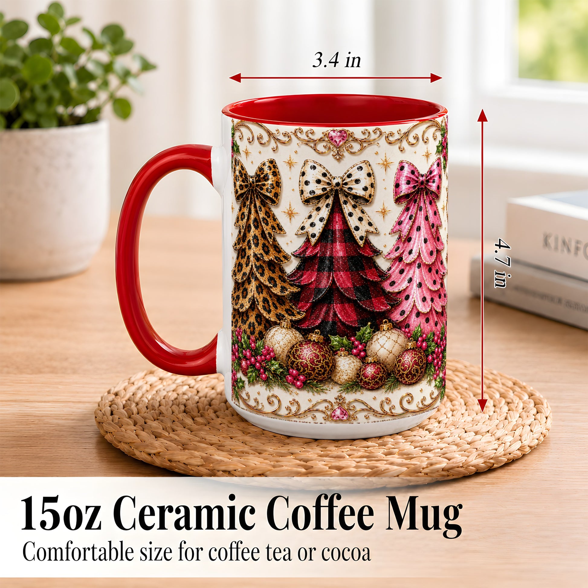 #pl[15oz|Red] Leopard Plaid Christmas Tree Coffee Mug, Holiday Tree Mug, Ceramic Cup