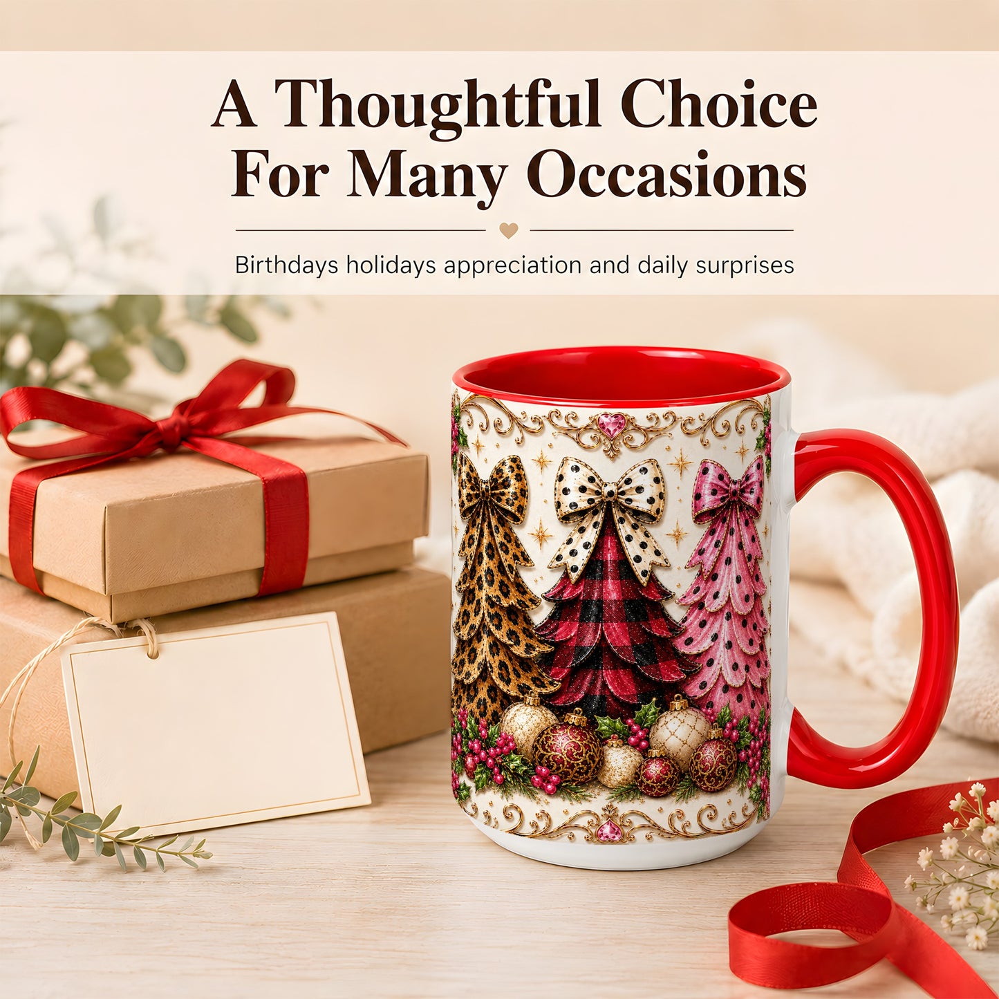#pl[15oz|Red] Leopard Plaid Christmas Tree Coffee Mug, Holiday Tree Mug, Ceramic Cup