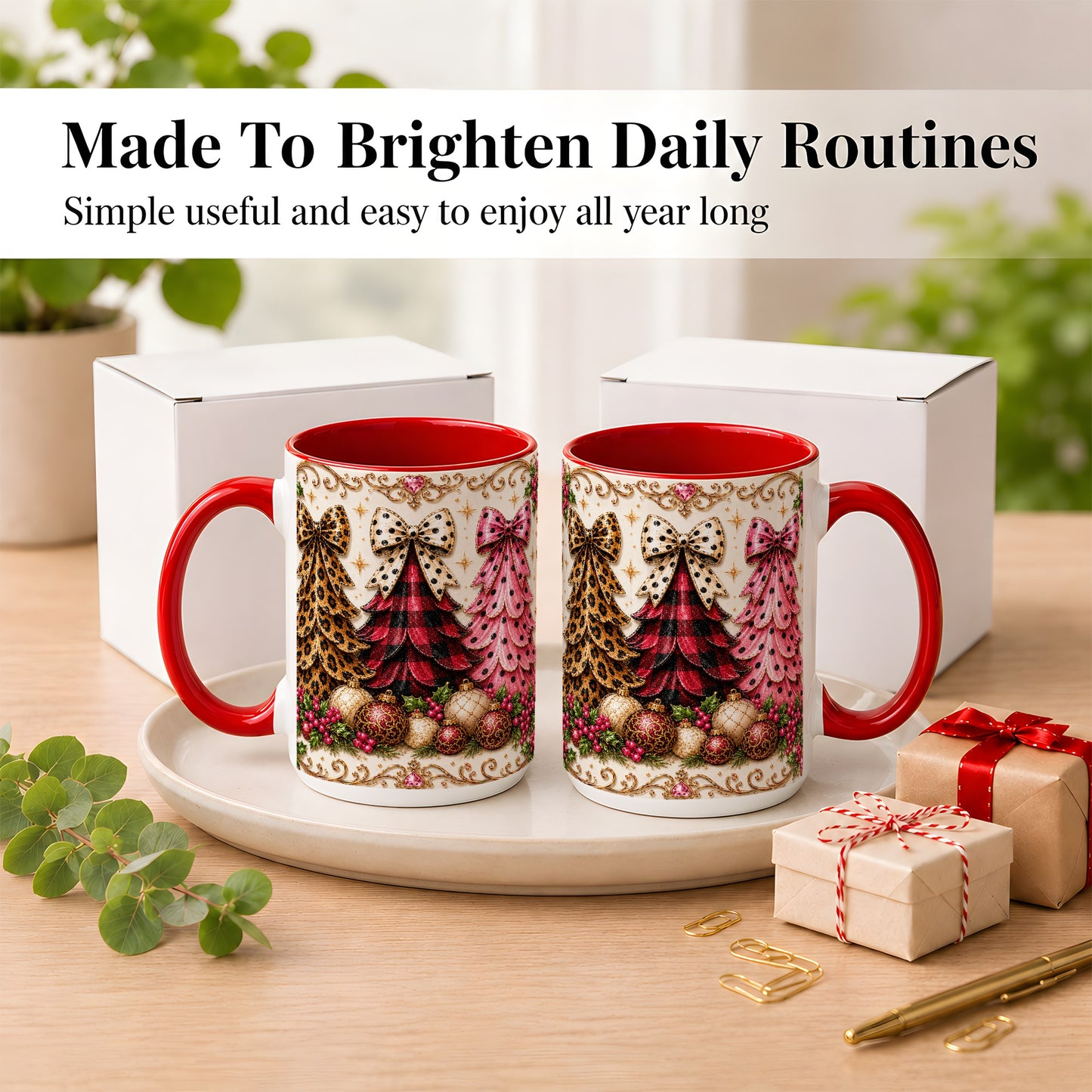 #pl[15oz|Red] Leopard Plaid Christmas Tree Coffee Mug, Holiday Tree Mug, Ceramic Cup