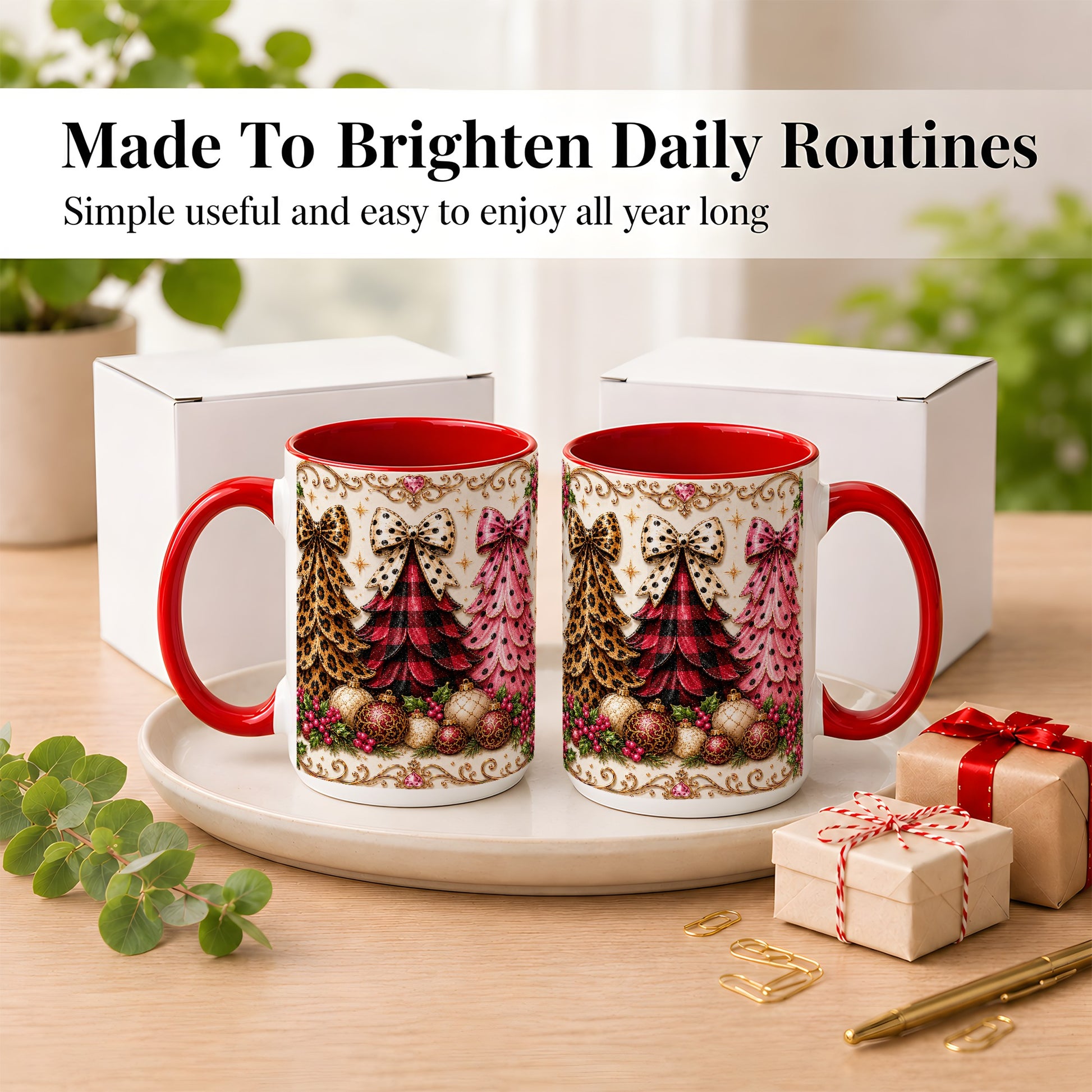 #pl[15oz|Red] Leopard Plaid Christmas Tree Coffee Mug, Holiday Tree Mug, Ceramic Cup