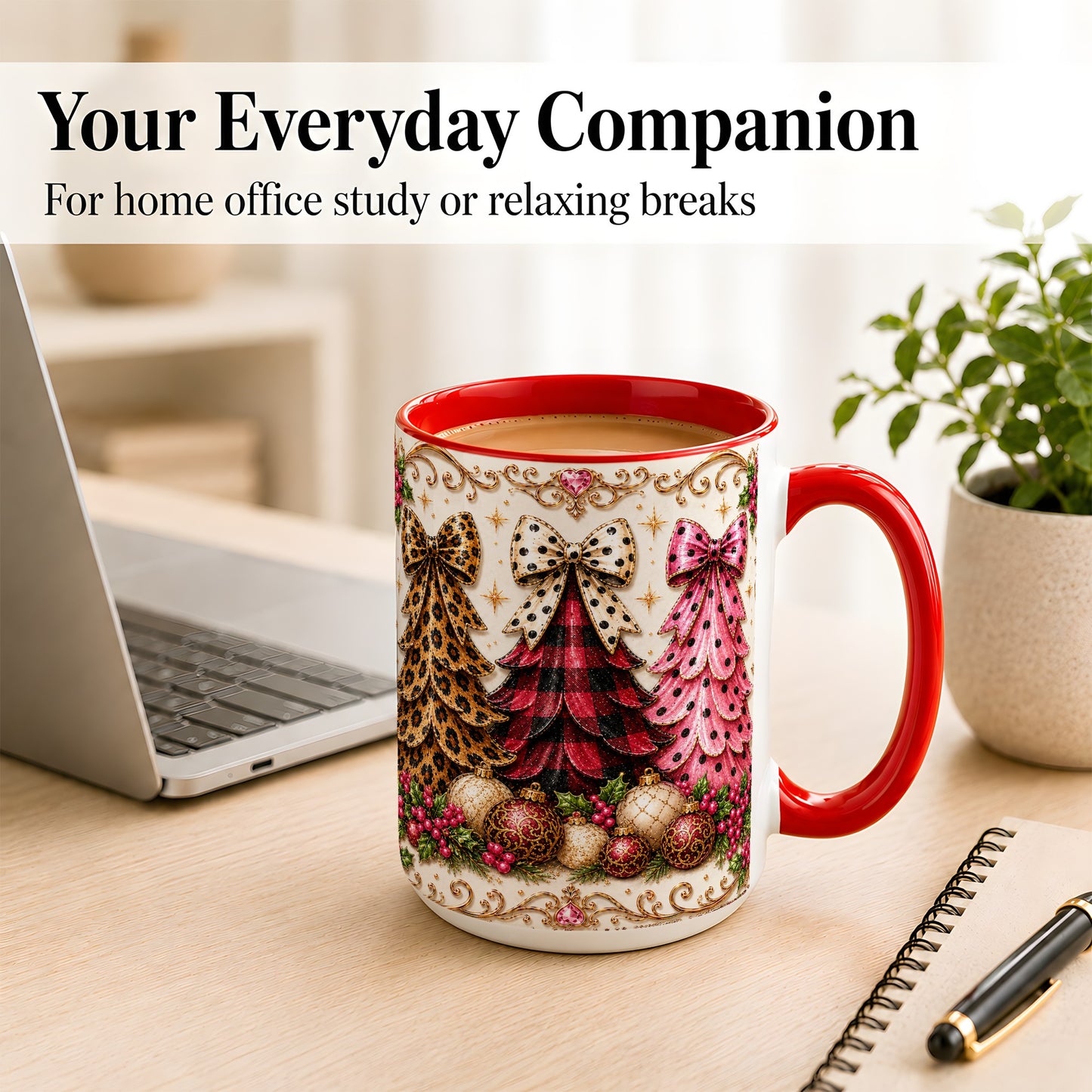 #pl[15oz|Red] Leopard Plaid Christmas Tree Coffee Mug, Holiday Tree Mug, Ceramic Cup