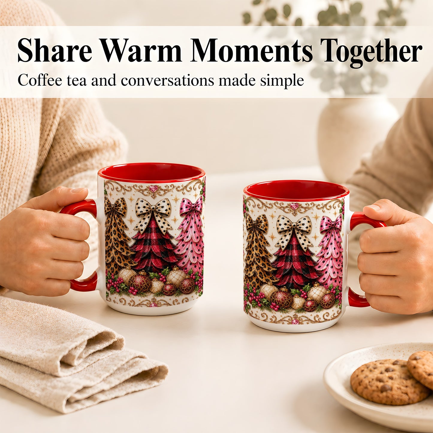 #pl[15oz|Red] Leopard Plaid Christmas Tree Coffee Mug, Holiday Tree Mug, Ceramic Cup