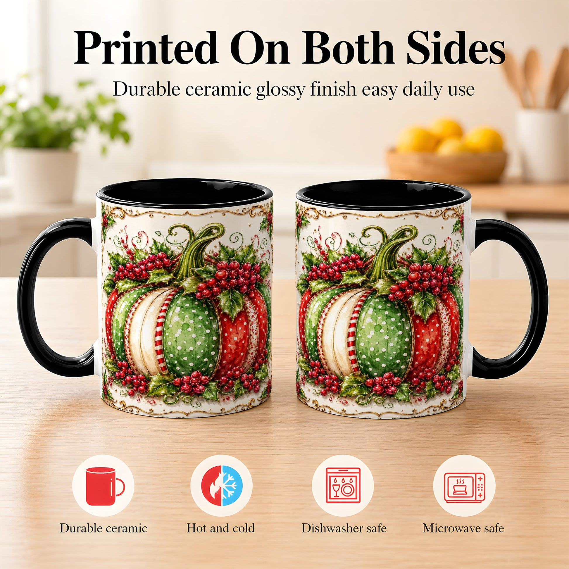 #pl[11oz|Black] Christmas Pumpkin Coffee Mug, Holly Berry Mug, Ceramic Cup