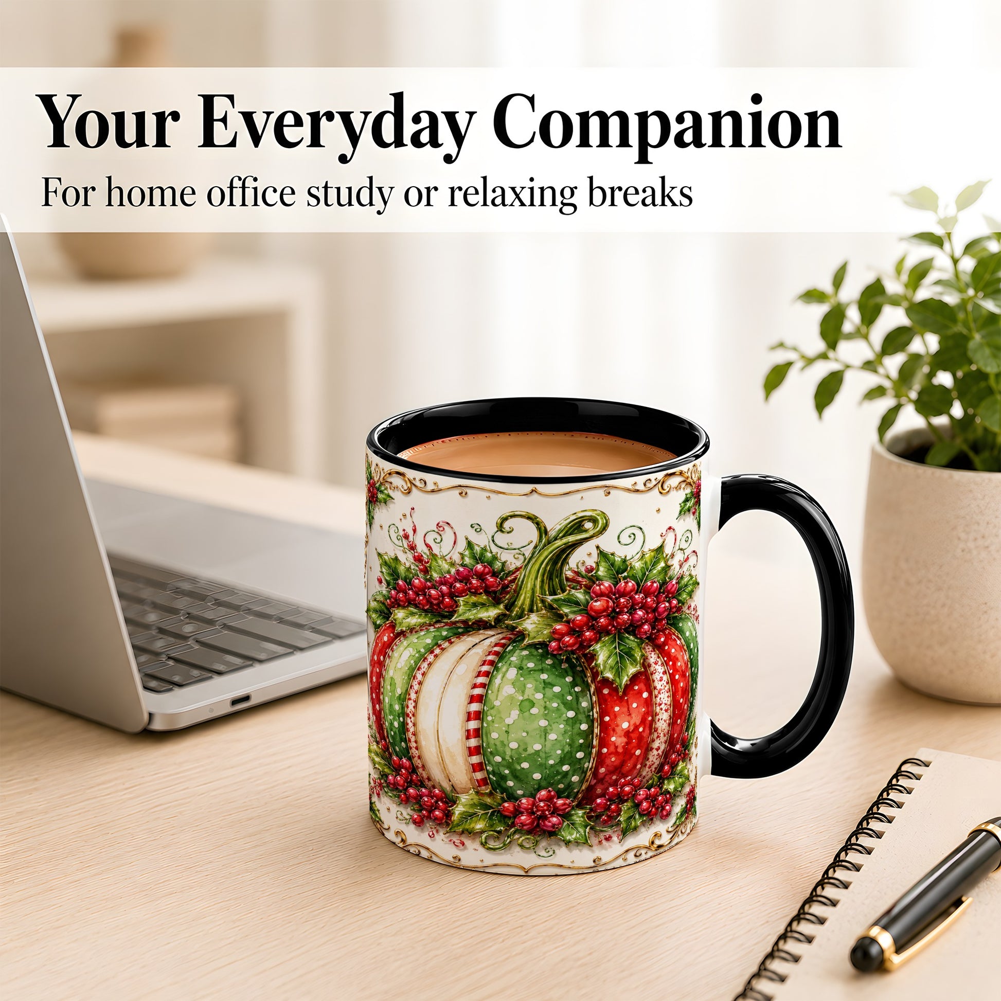 #pl[11oz|Black] Christmas Pumpkin Coffee Mug, Holly Berry Mug, Ceramic Cup