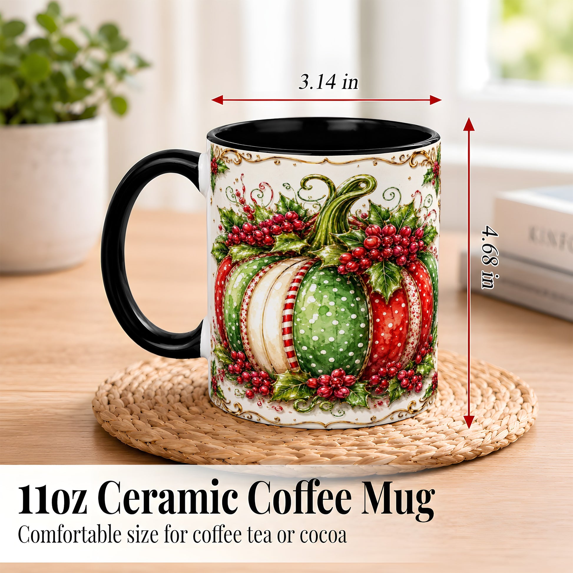 #pl[11oz|Black] Christmas Pumpkin Coffee Mug, Holly Berry Mug, Ceramic Cup