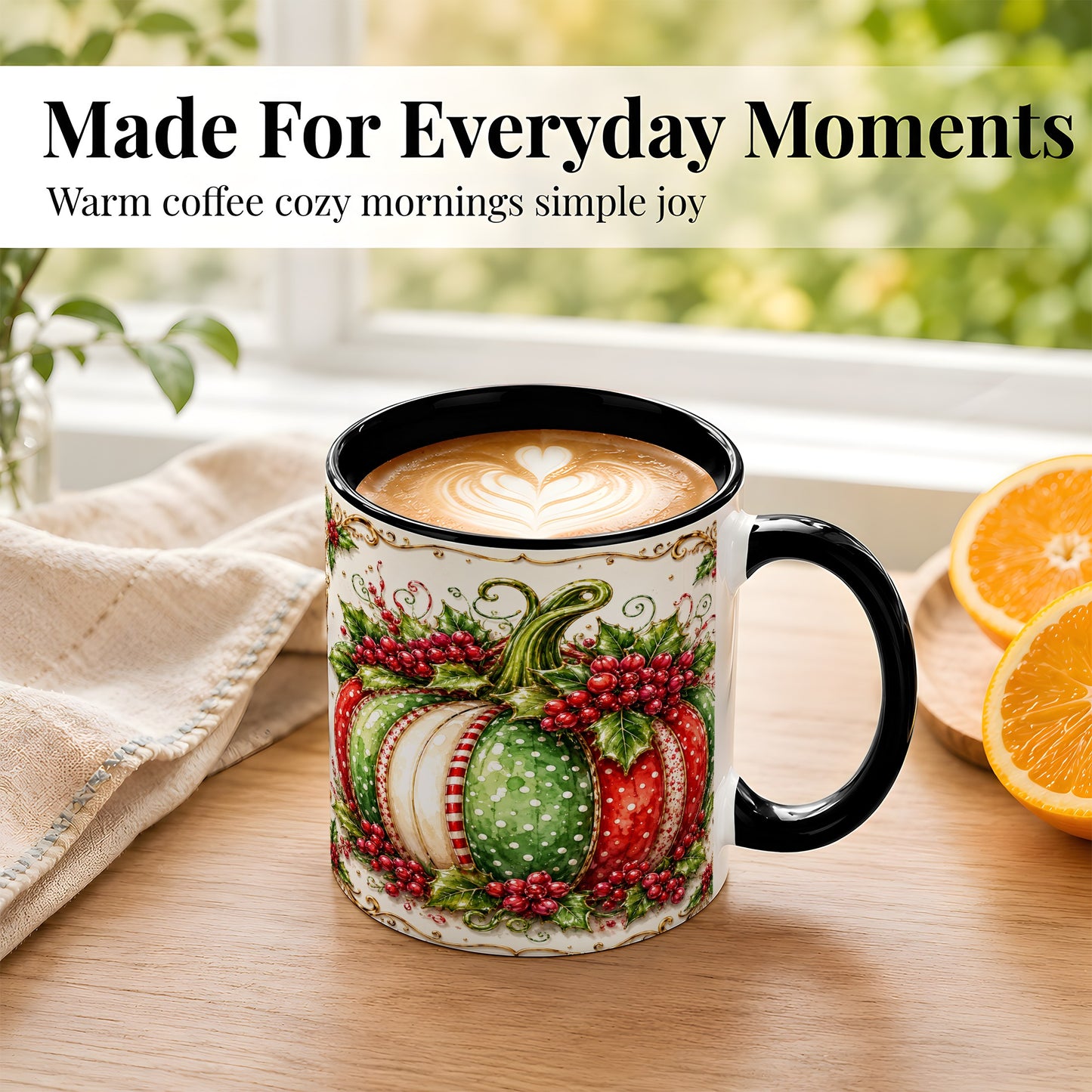 #pl[11oz|Black] Christmas Pumpkin Coffee Mug, Holly Berry Mug, Ceramic Cup