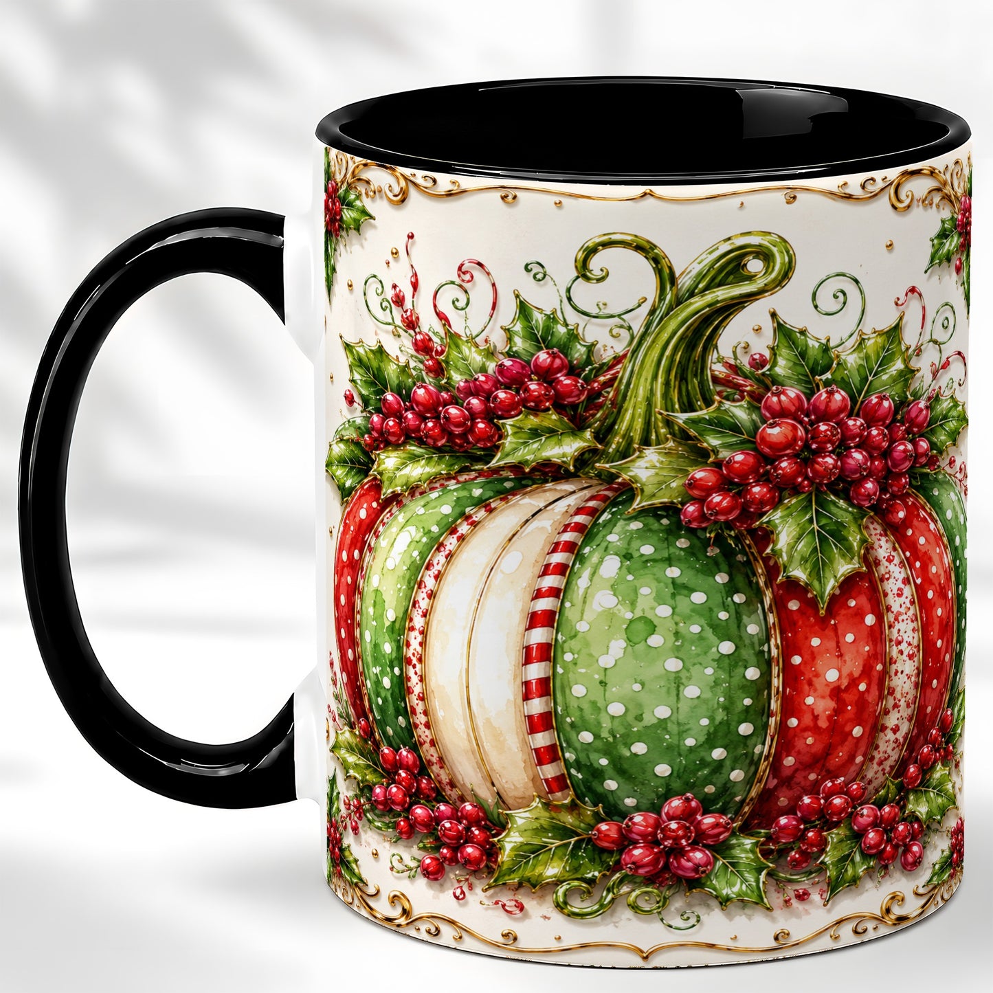 #pl[11oz|Black] Christmas Pumpkin Coffee Mug, Holly Berry Mug, Ceramic Cup