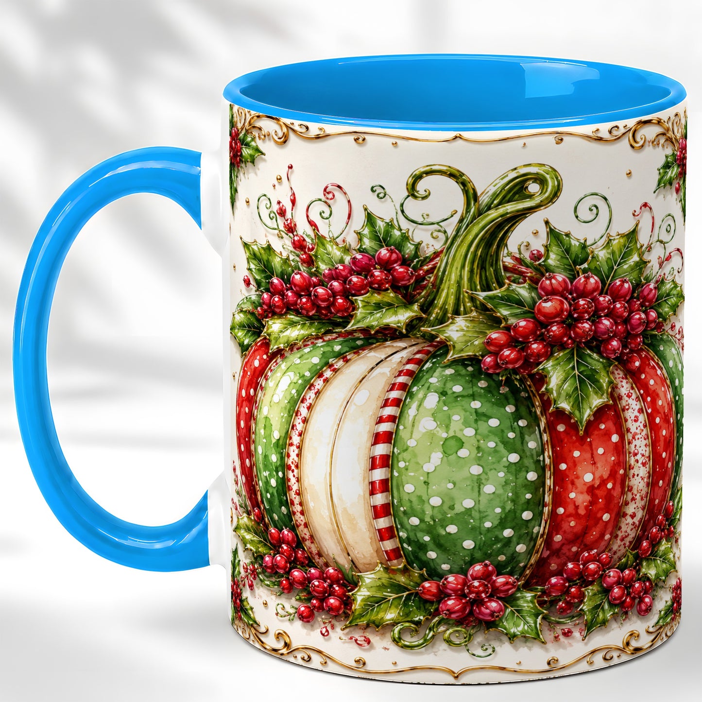 #pl[11oz|Blue] Christmas Pumpkin Coffee Mug, Holly Berry Mug, Ceramic Cup