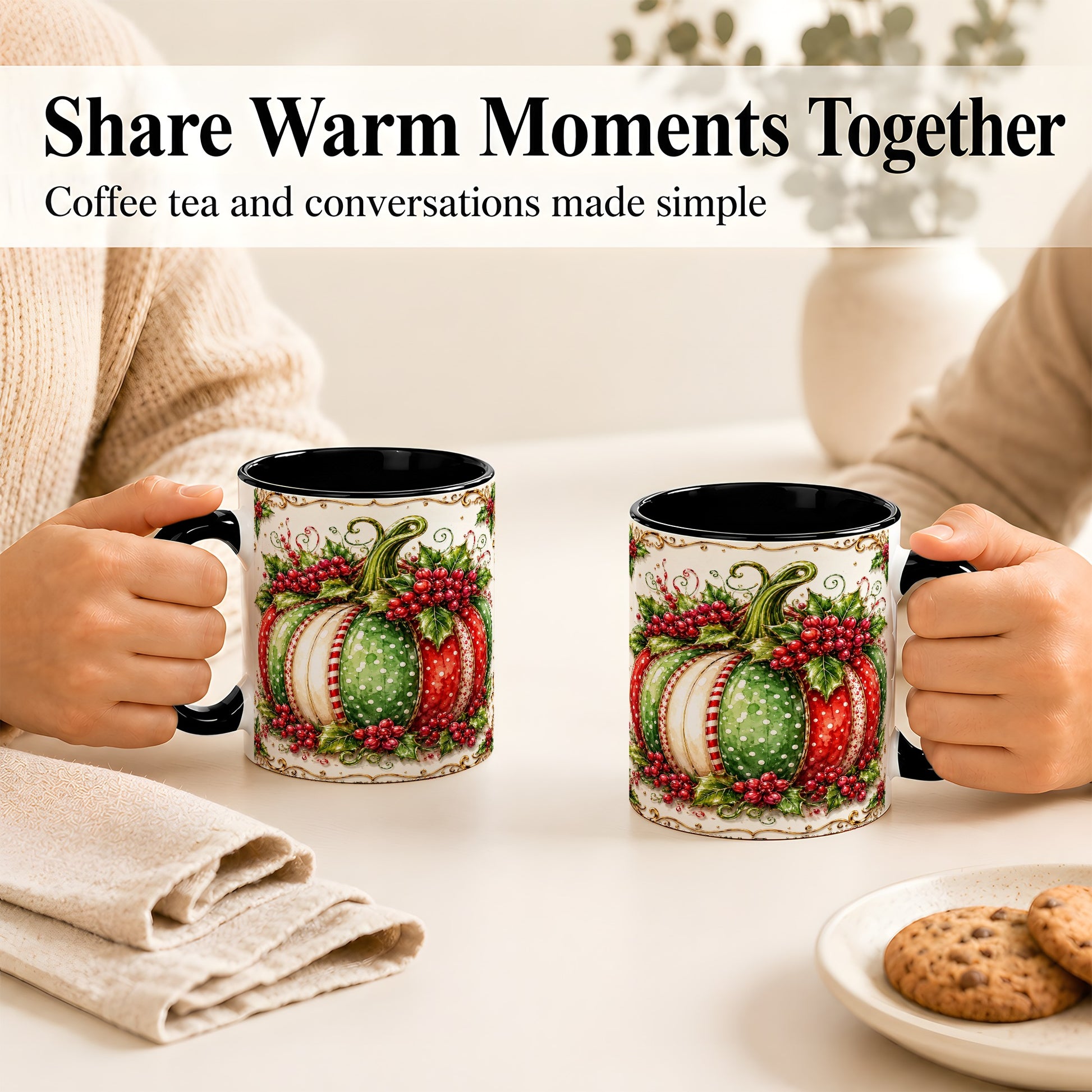 #pl[11oz|Black] Christmas Pumpkin Coffee Mug, Holly Berry Mug, Ceramic Cup