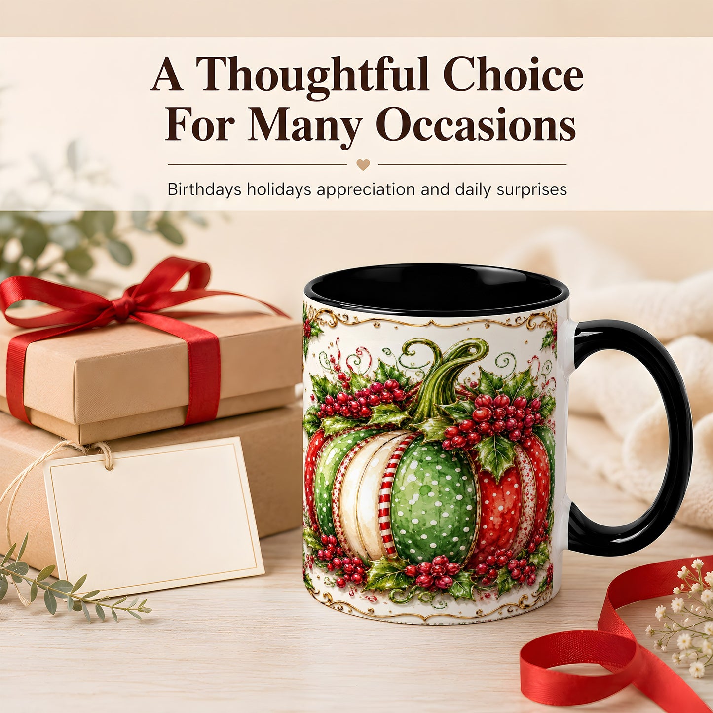 #pl[11oz|Black] Christmas Pumpkin Coffee Mug, Holly Berry Mug, Ceramic Cup
