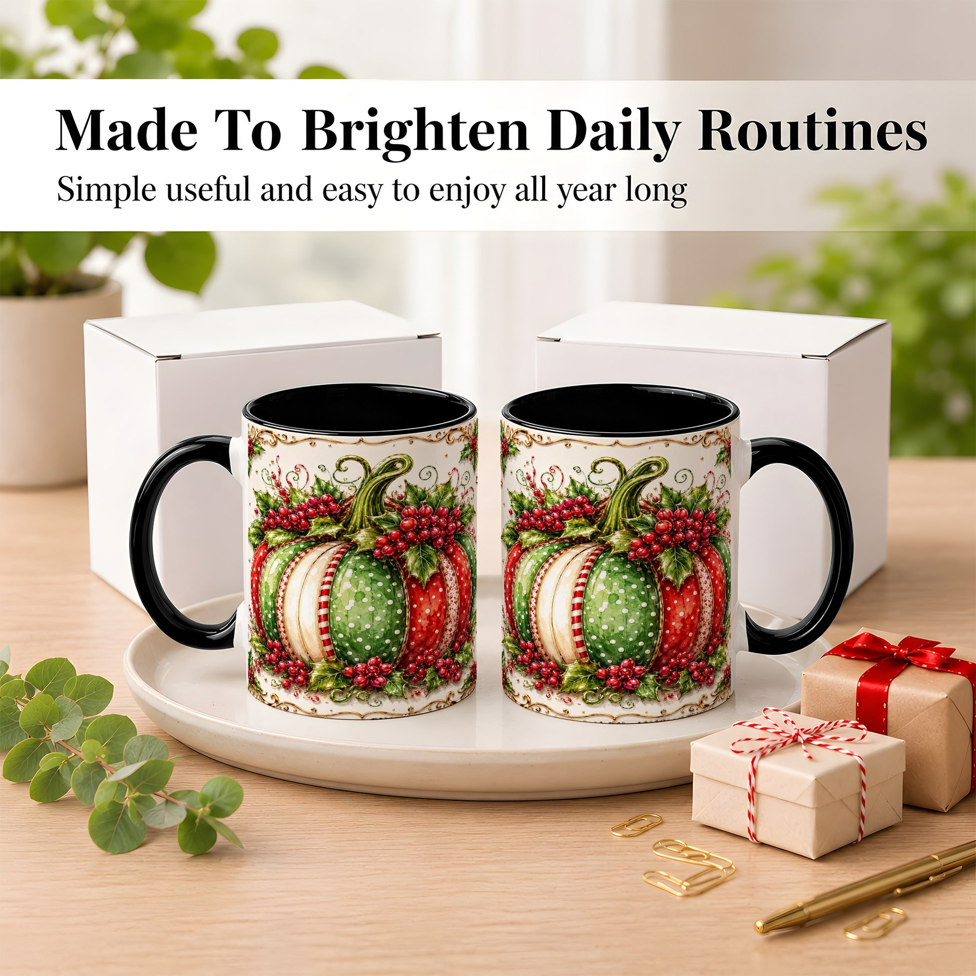 #pl[11oz|Black] Christmas Pumpkin Coffee Mug, Holly Berry Mug, Ceramic Cup
