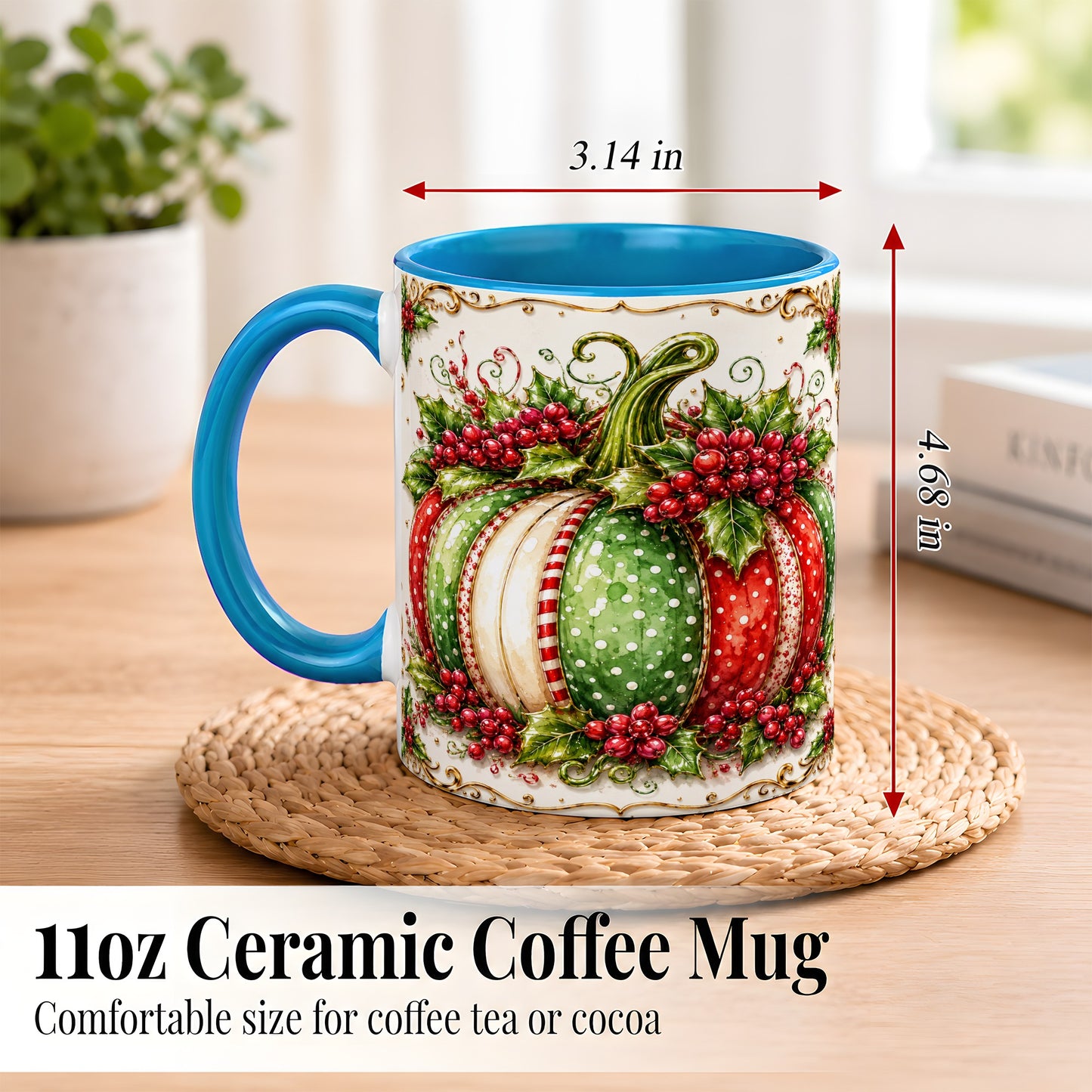 #pl[11oz|Blue] Christmas Pumpkin Coffee Mug, Holly Berry Mug, Ceramic Cup