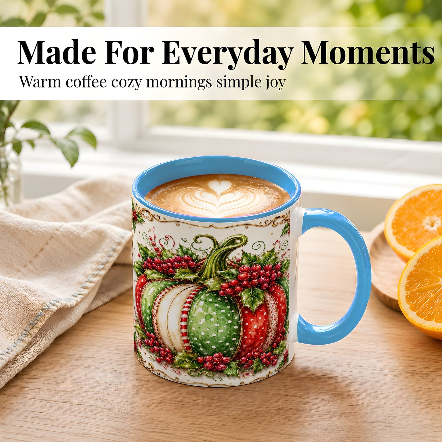 #pl[11oz|Blue] Christmas Pumpkin Coffee Mug, Holly Berry Mug, Ceramic Cup