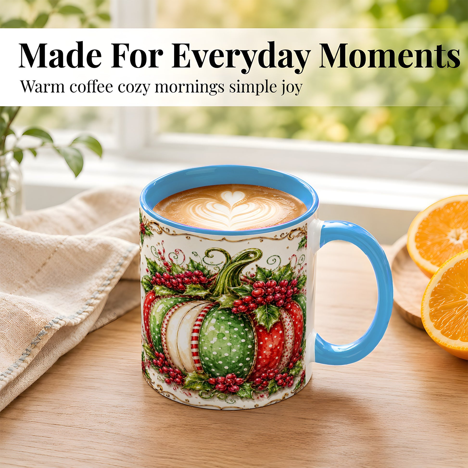#pl[11oz|Blue] Christmas Pumpkin Coffee Mug, Holly Berry Mug, Ceramic Cup