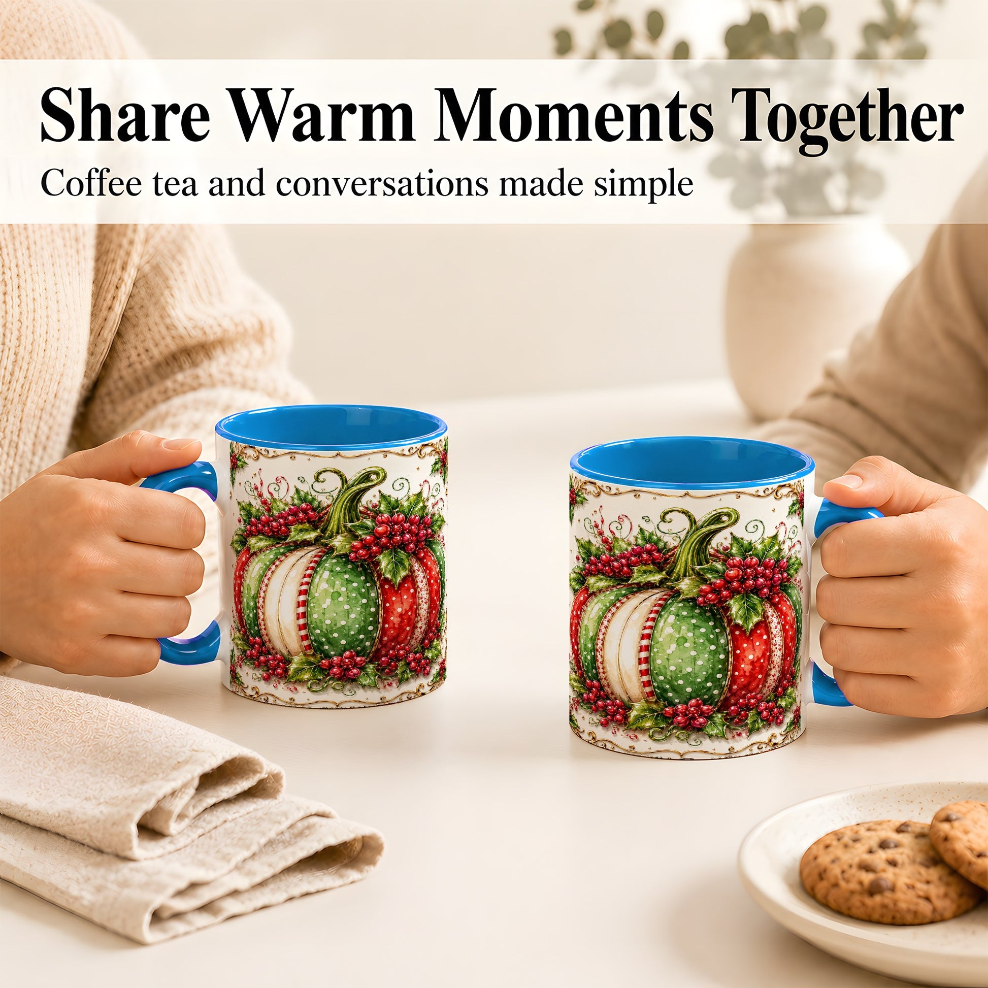 #pl[11oz|Blue] Christmas Pumpkin Coffee Mug, Holly Berry Mug, Ceramic Cup
