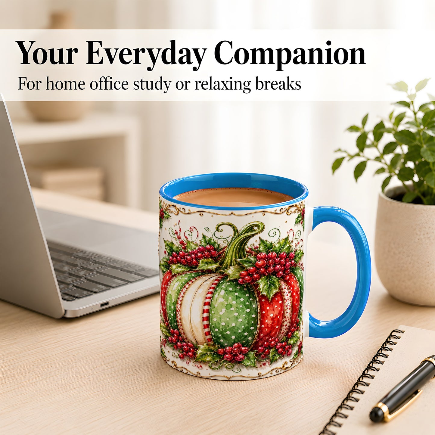 #pl[11oz|Blue] Christmas Pumpkin Coffee Mug, Holly Berry Mug, Ceramic Cup