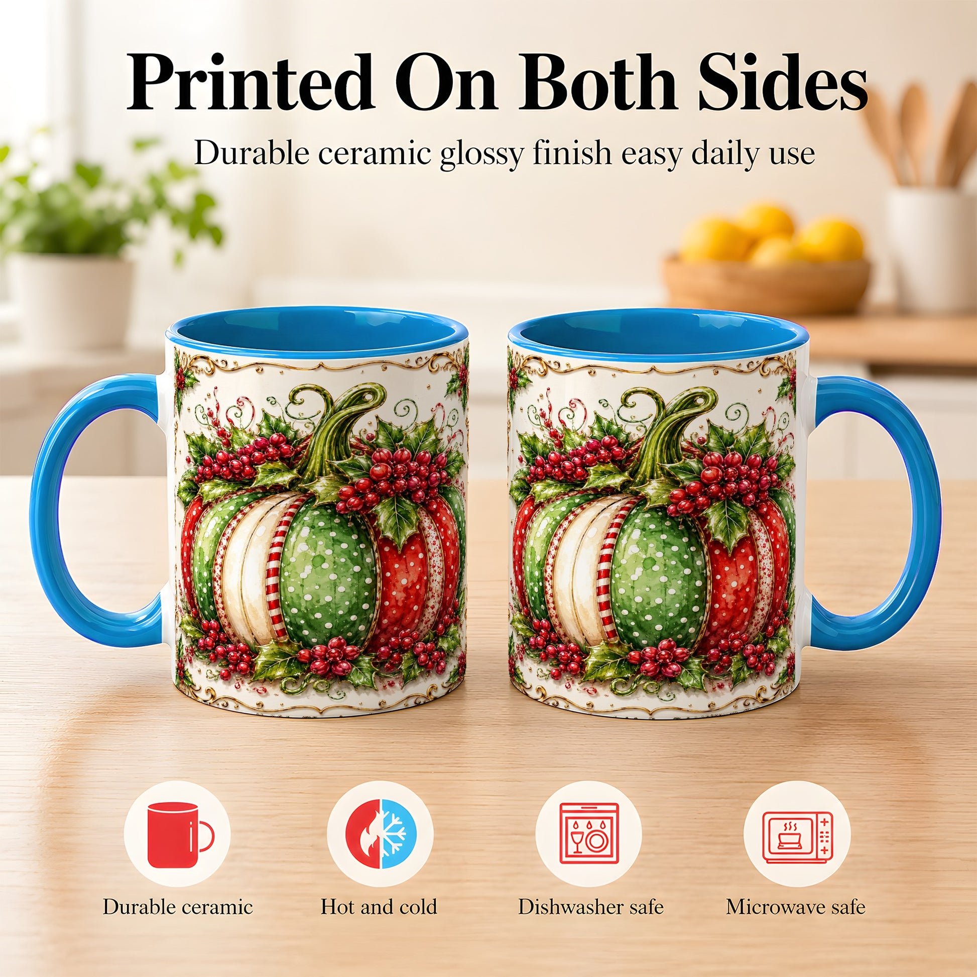 #pl[11oz|Blue] Christmas Pumpkin Coffee Mug, Holly Berry Mug, Ceramic Cup