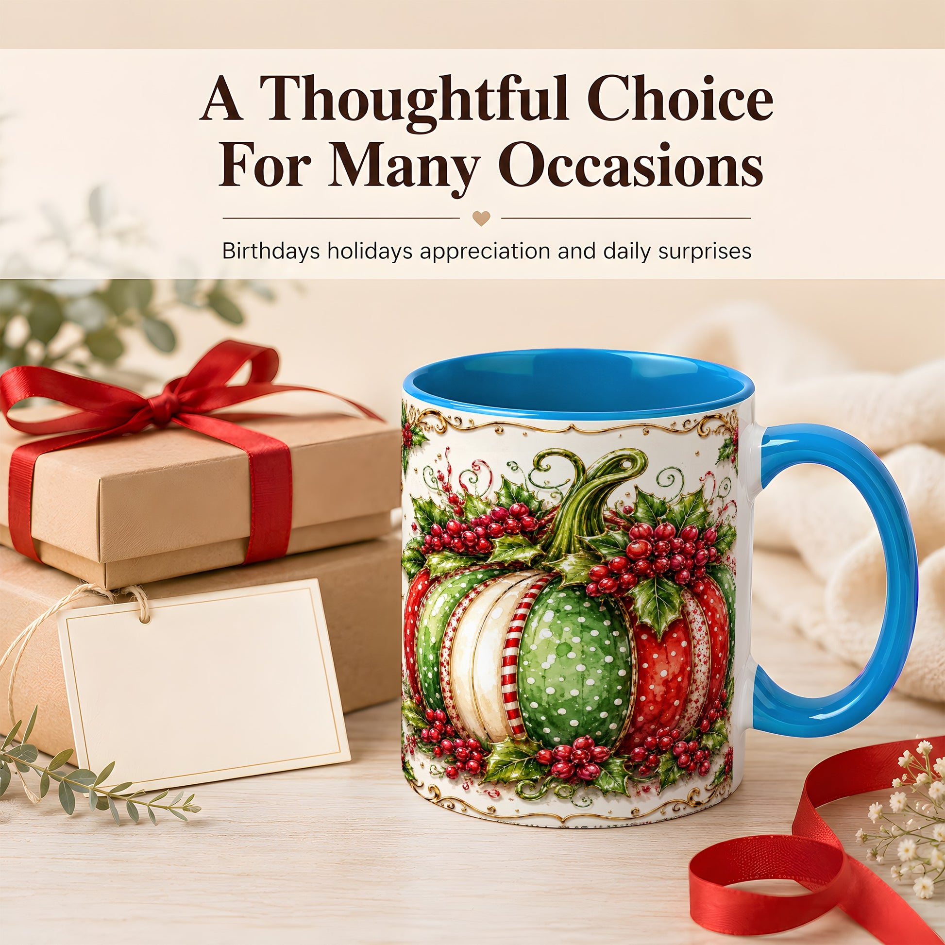#pl[11oz|Blue] Christmas Pumpkin Coffee Mug, Holly Berry Mug, Ceramic Cup