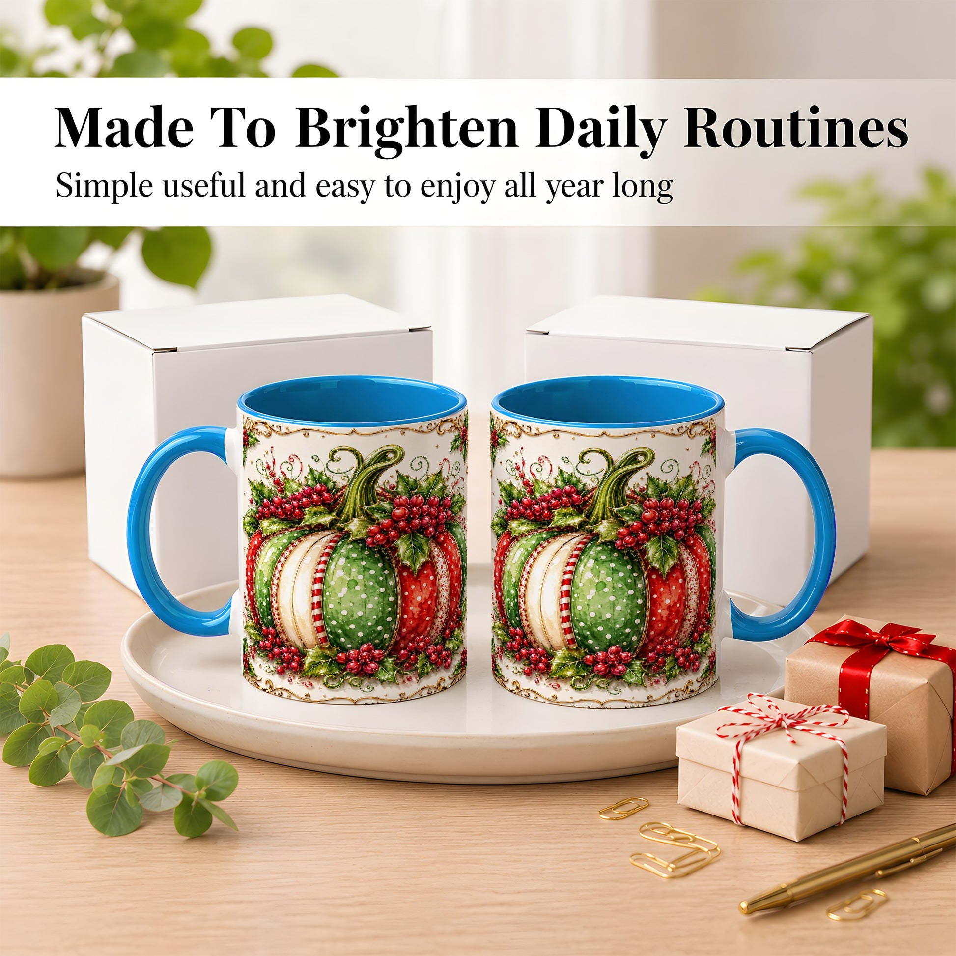 #pl[11oz|Blue] Christmas Pumpkin Coffee Mug, Holly Berry Mug, Ceramic Cup