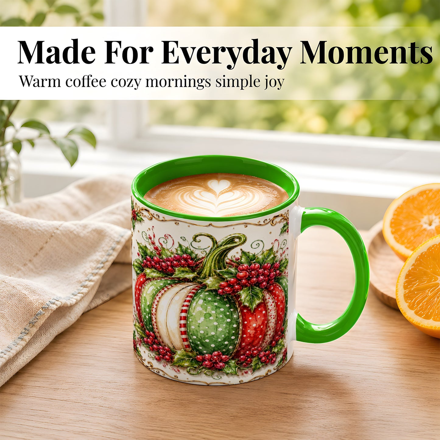 #pl[11oz|Green] Christmas Pumpkin Coffee Mug, Holly Berry Mug, Ceramic Cup