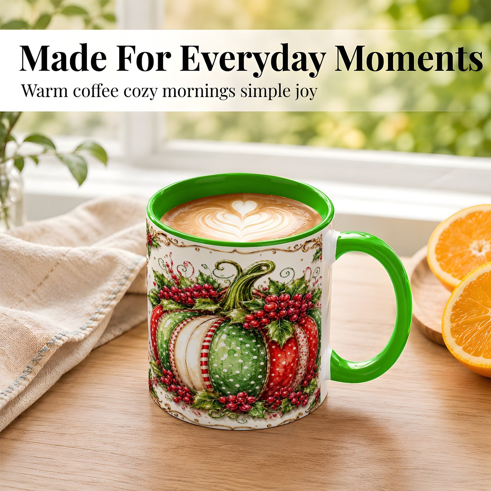 #pl[11oz|Green] Christmas Pumpkin Coffee Mug, Holly Berry Mug, Ceramic Cup