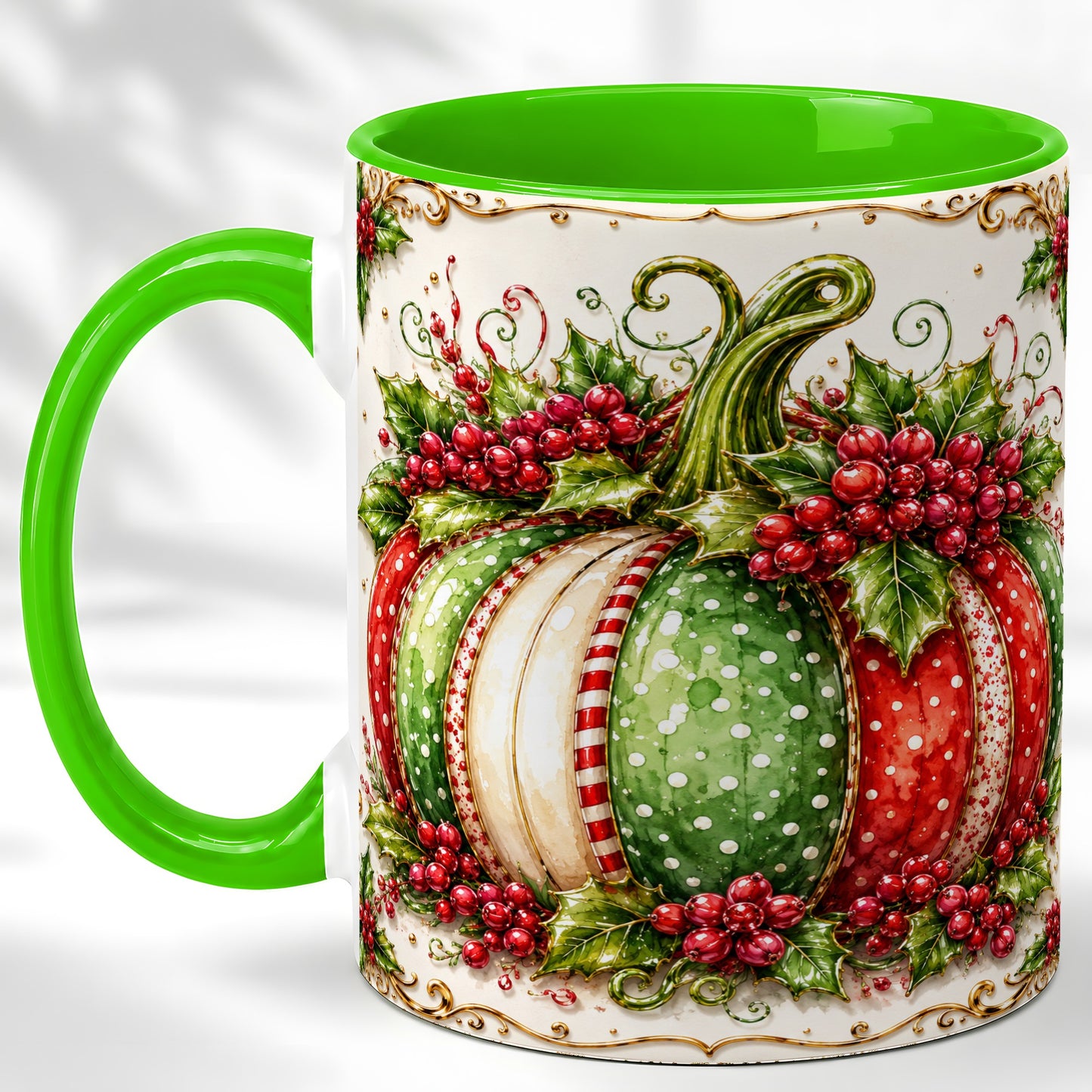 #pl[11oz|Green] Christmas Pumpkin Coffee Mug, Holly Berry Mug, Ceramic Cup