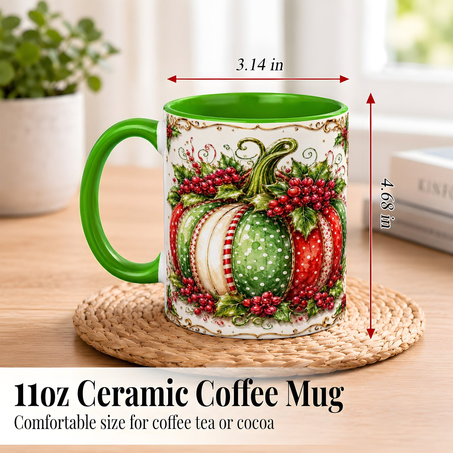 #pl[11oz|Green] Christmas Pumpkin Coffee Mug, Holly Berry Mug, Ceramic Cup