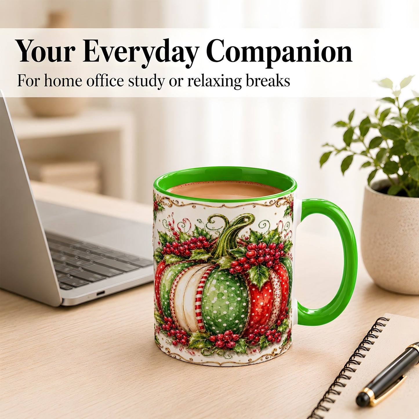 #pl[11oz|Green] Christmas Pumpkin Coffee Mug, Holly Berry Mug, Ceramic Cup