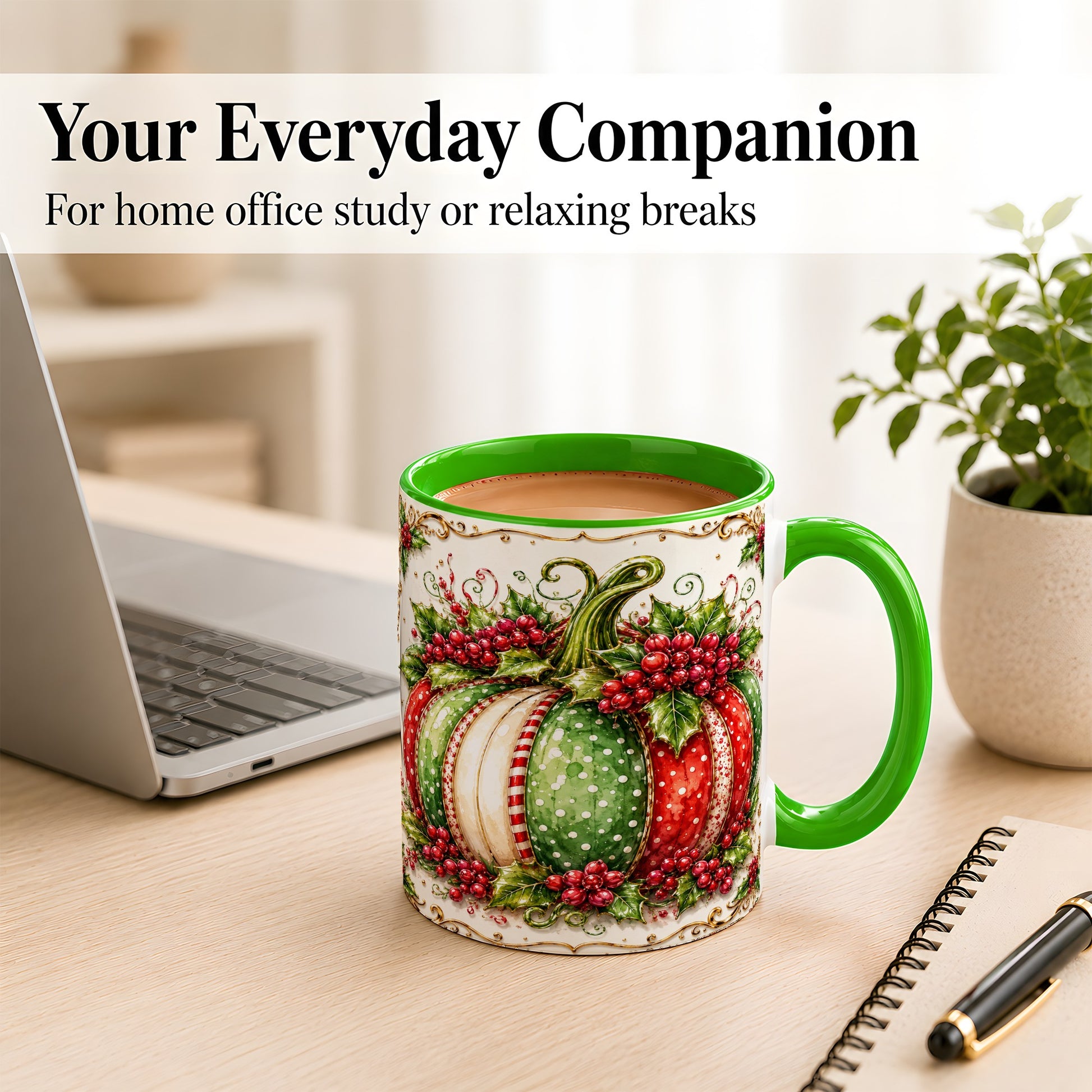 #pl[11oz|Green] Christmas Pumpkin Coffee Mug, Holly Berry Mug, Ceramic Cup