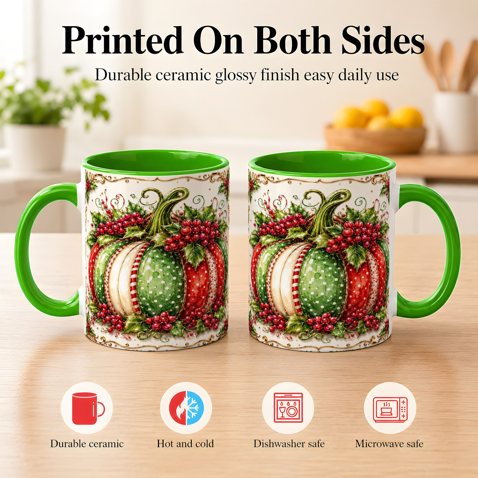 #pl[11oz|Green] Christmas Pumpkin Coffee Mug, Holly Berry Mug, Ceramic Cup