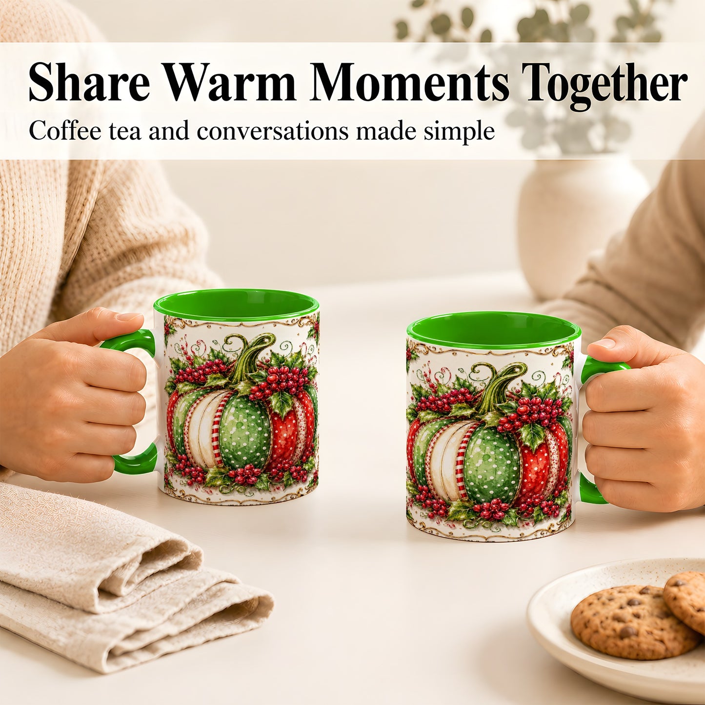 #pl[11oz|Green] Christmas Pumpkin Coffee Mug, Holly Berry Mug, Ceramic Cup
