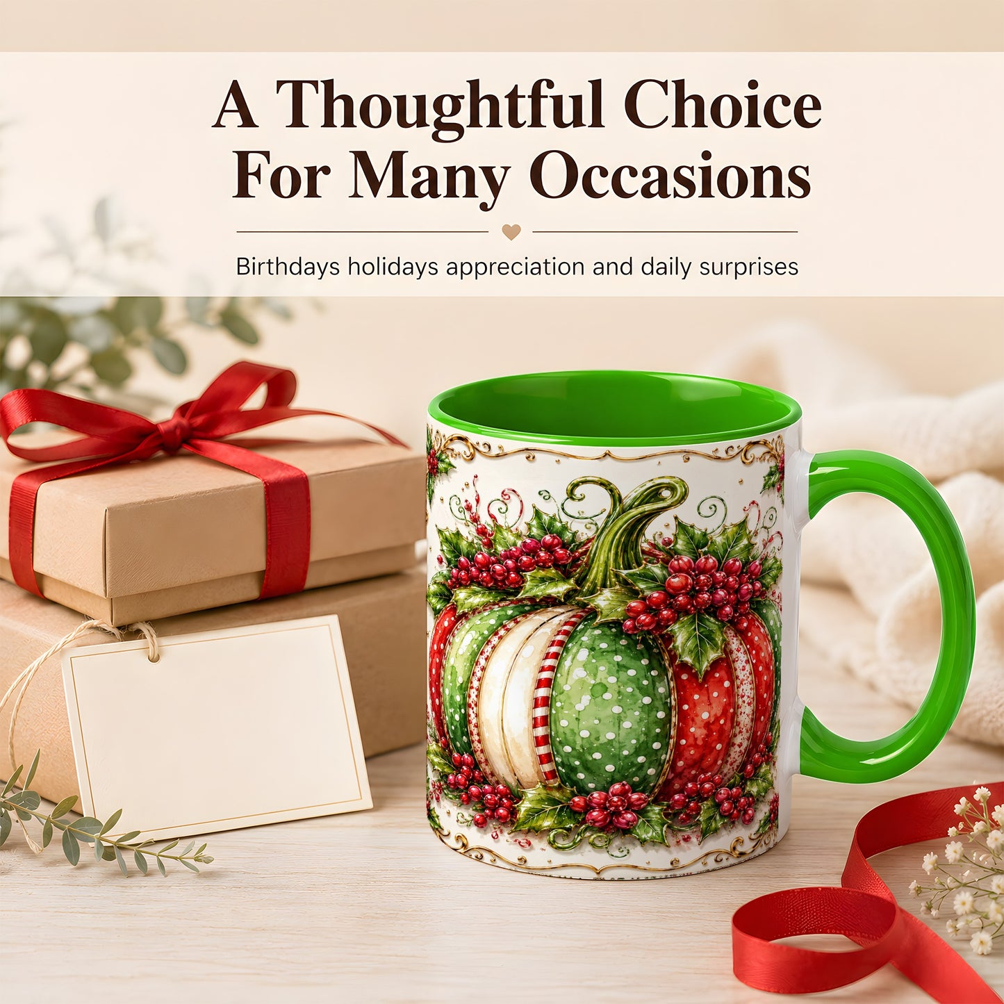 #pl[11oz|Green] Christmas Pumpkin Coffee Mug, Holly Berry Mug, Ceramic Cup