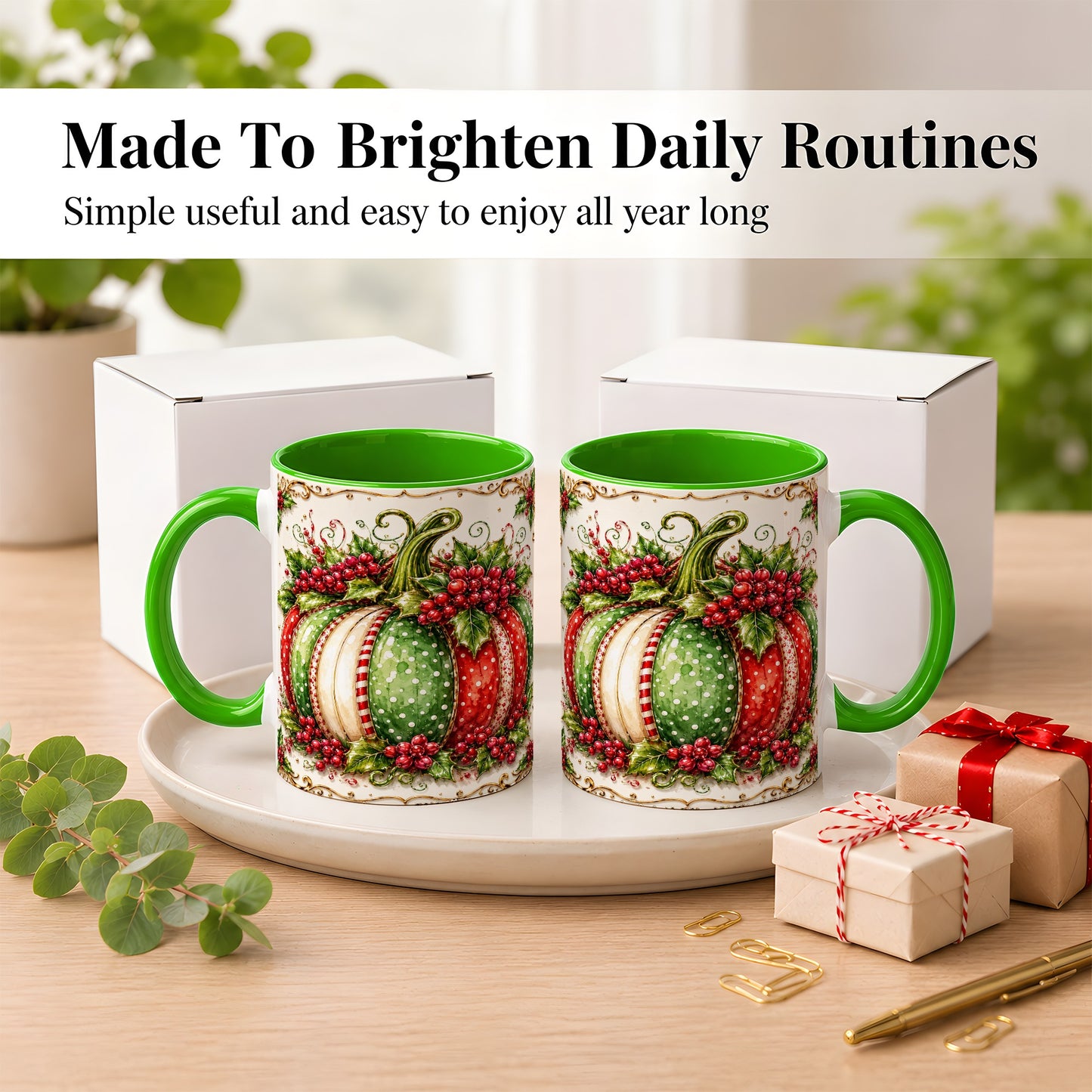 #pl[11oz|Green] Christmas Pumpkin Coffee Mug, Holly Berry Mug, Ceramic Cup