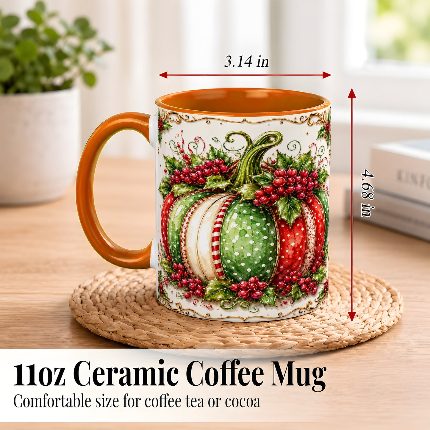 #pl[11oz|Orange] Christmas Pumpkin Coffee Mug, Holly Berry Mug, Ceramic Cup