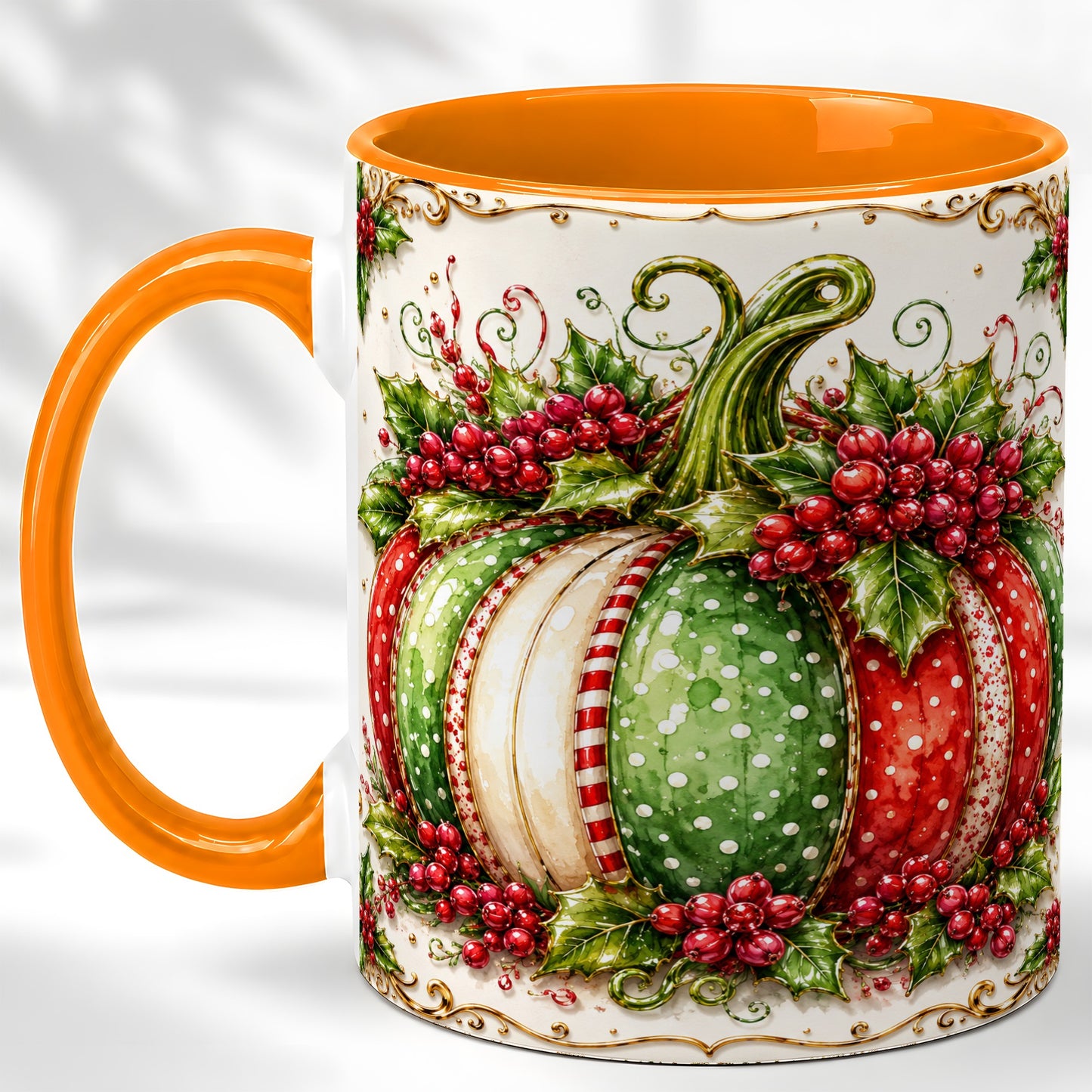 #pl[11oz|Orange] Christmas Pumpkin Coffee Mug, Holly Berry Mug, Ceramic Cup