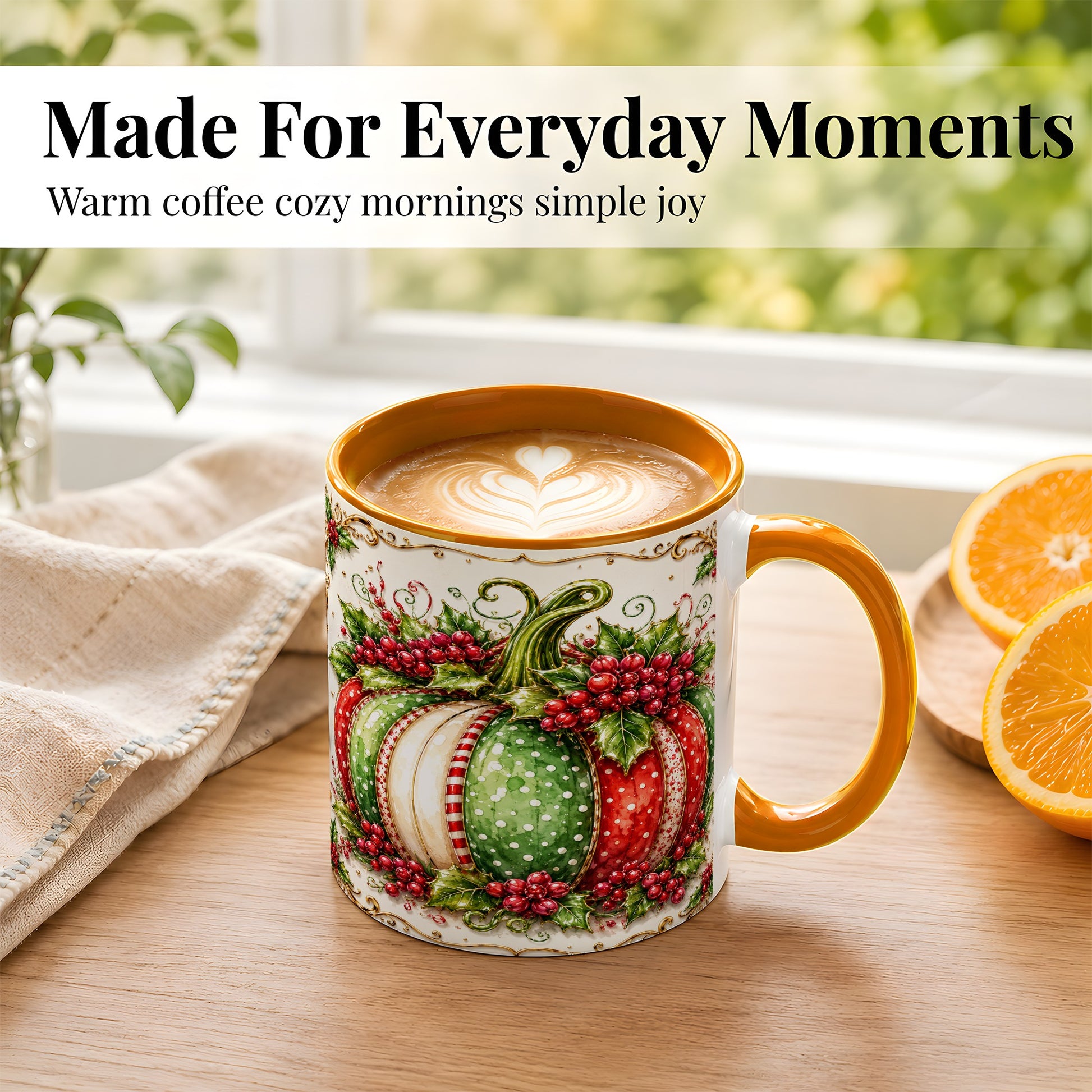 #pl[11oz|Orange] Christmas Pumpkin Coffee Mug, Holly Berry Mug, Ceramic Cup