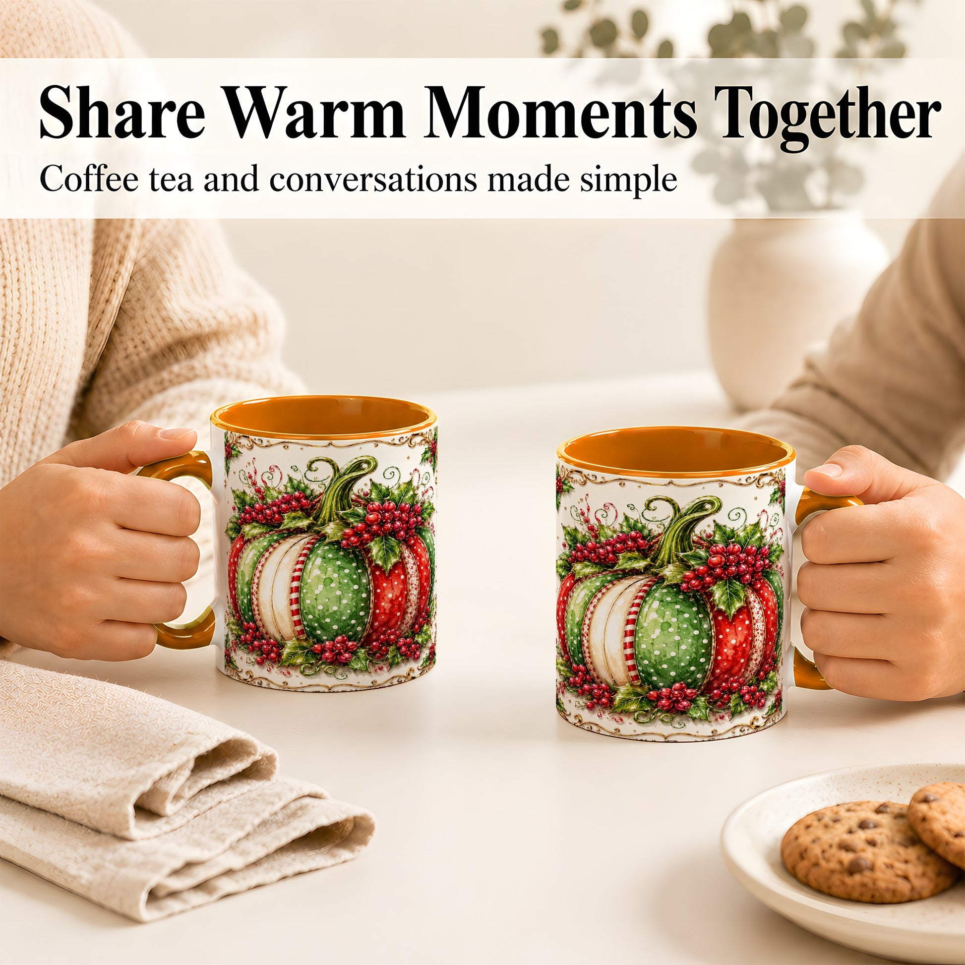 #pl[11oz|Orange] Christmas Pumpkin Coffee Mug, Holly Berry Mug, Ceramic Cup
